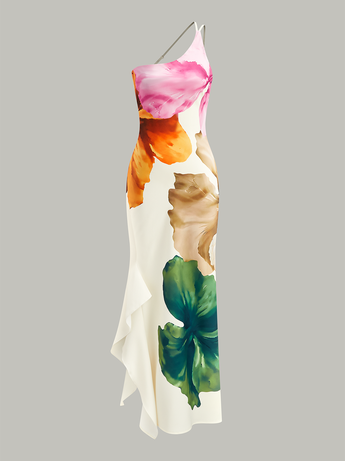 Asymmetric One-Shoulder Floral Print Maxi Dress-Massicos