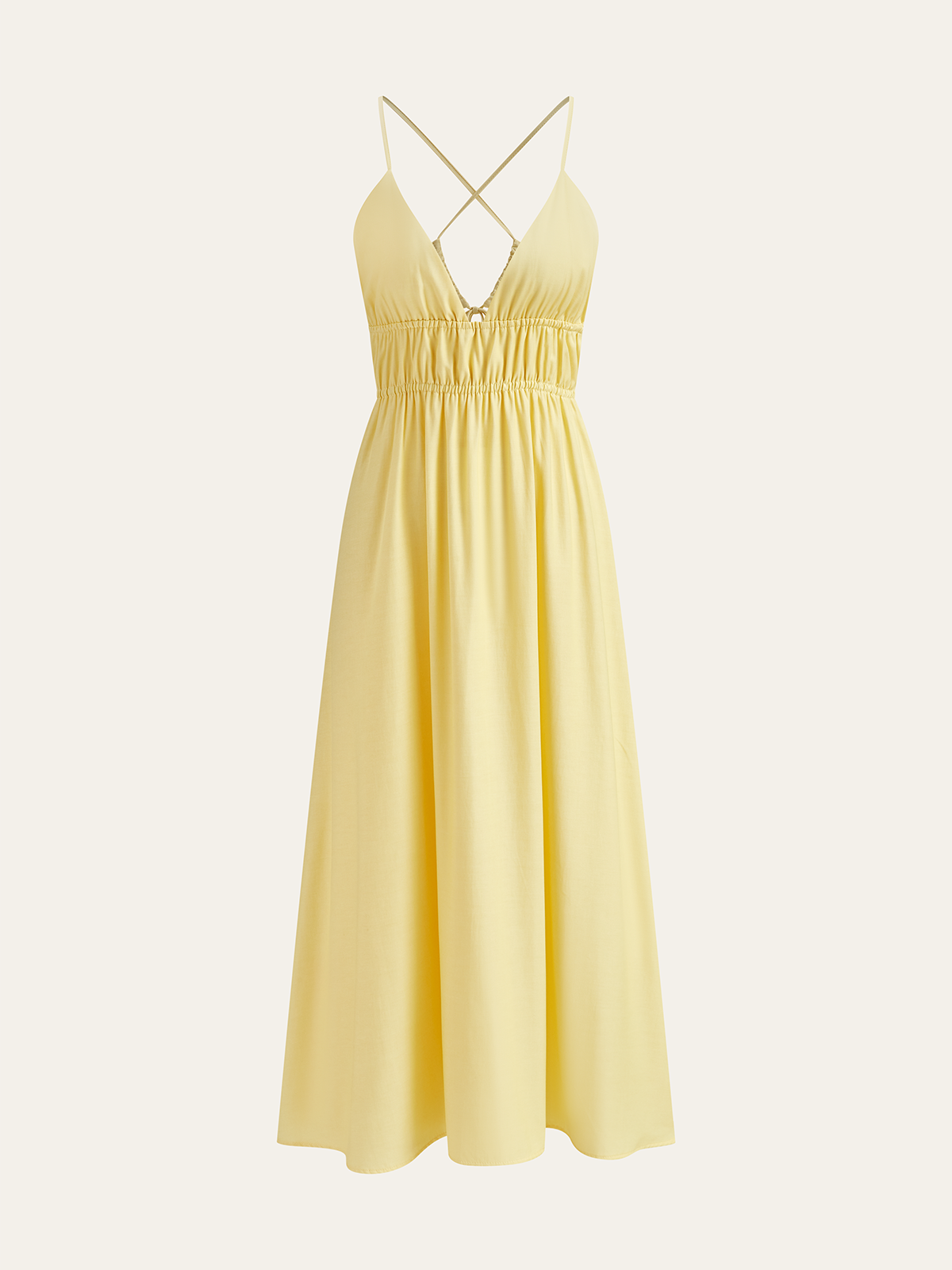 Spaghetti Strap Maxi Dress with Ruched Waist and Crisscross Back-Massicos