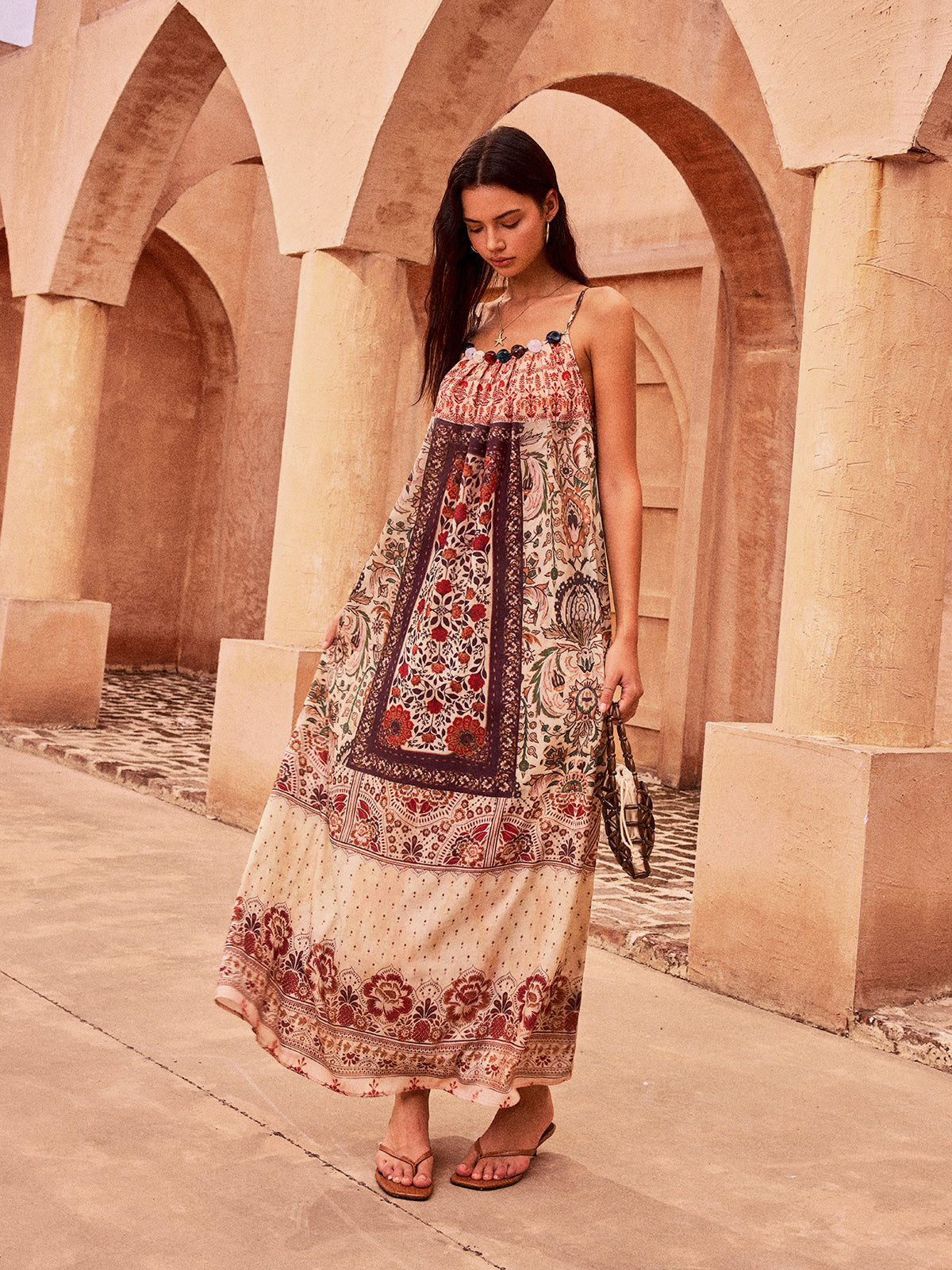 Paisley Printed Beaded Maxi Dress-Massicos
