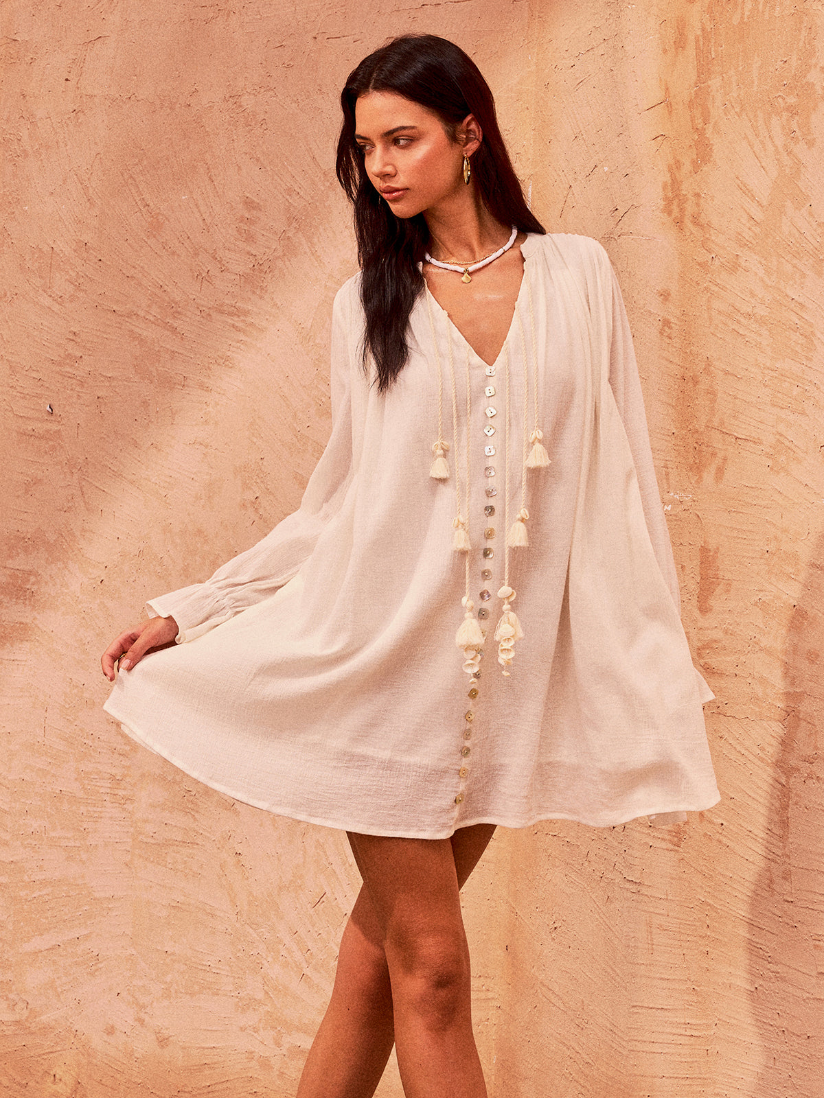 Tasseled Button Cotton Mini Dress-Massicos