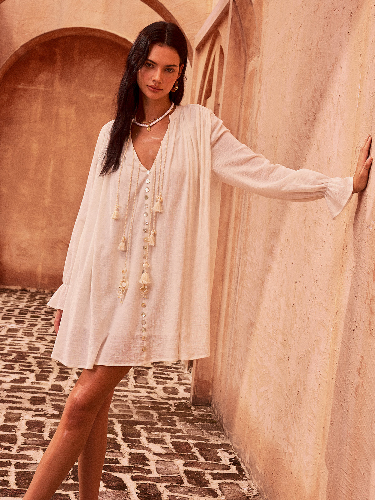 Tasseled Button Cotton Mini Dress-Massicos