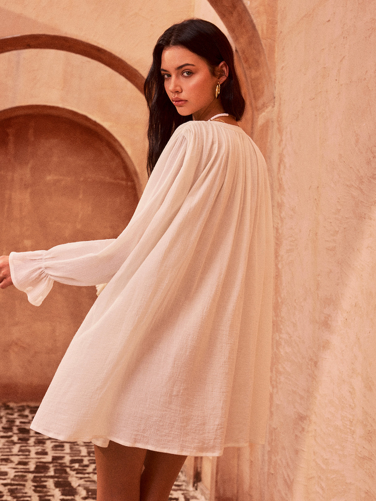Tasseled Button Cotton Mini Dress-Massicos