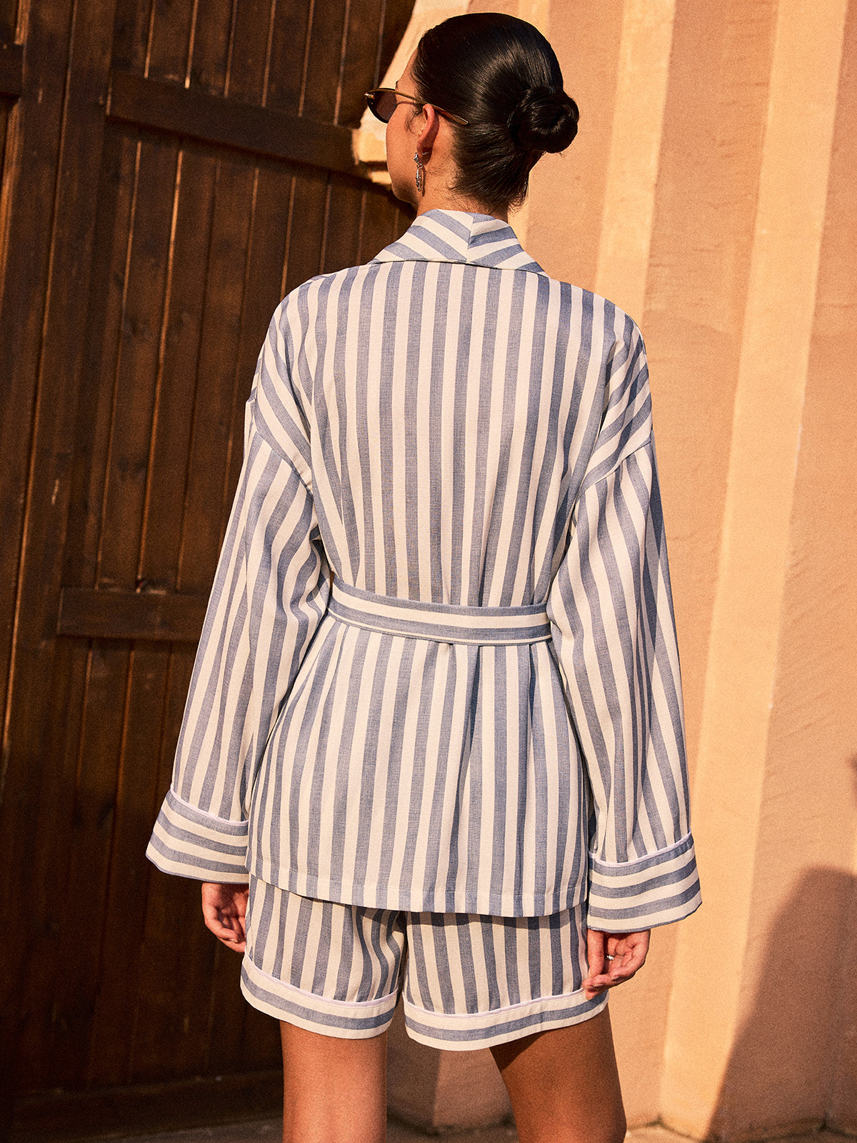 Striped Belted Shirt and Shorts Set-Massicos