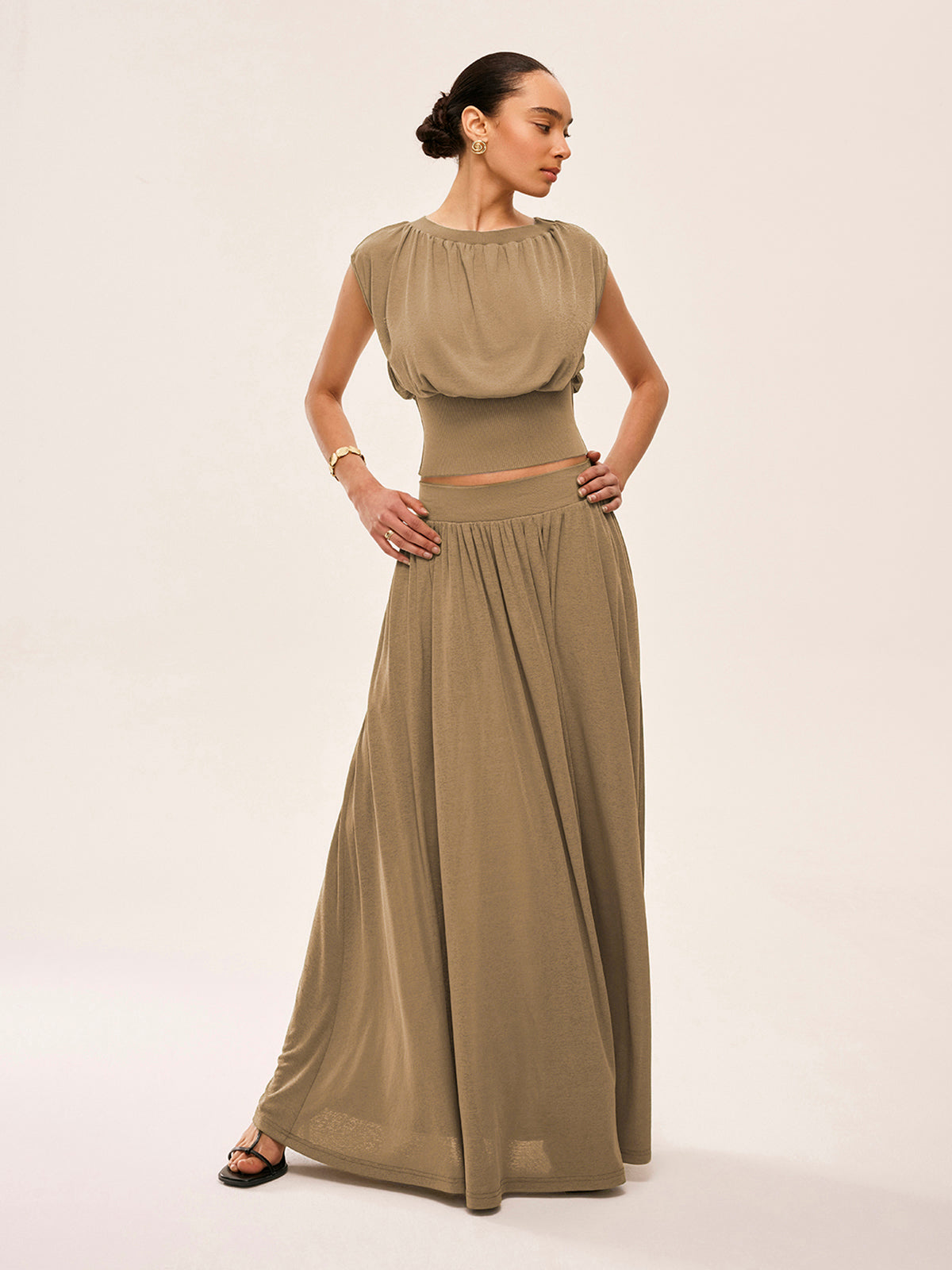 Gathered Waist Top With Flowy Skirt Set-Massicos