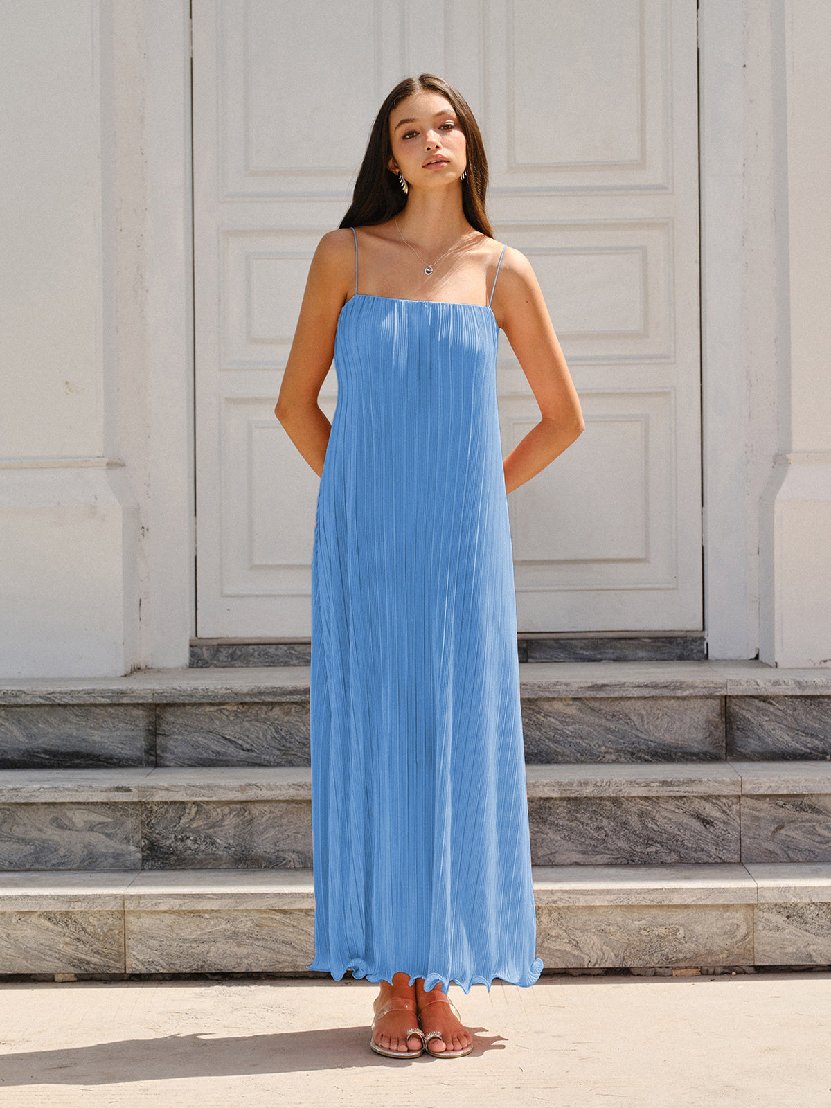 Spaghetti-Strapped Vertical-Pleated Maxi Dress-Massicos