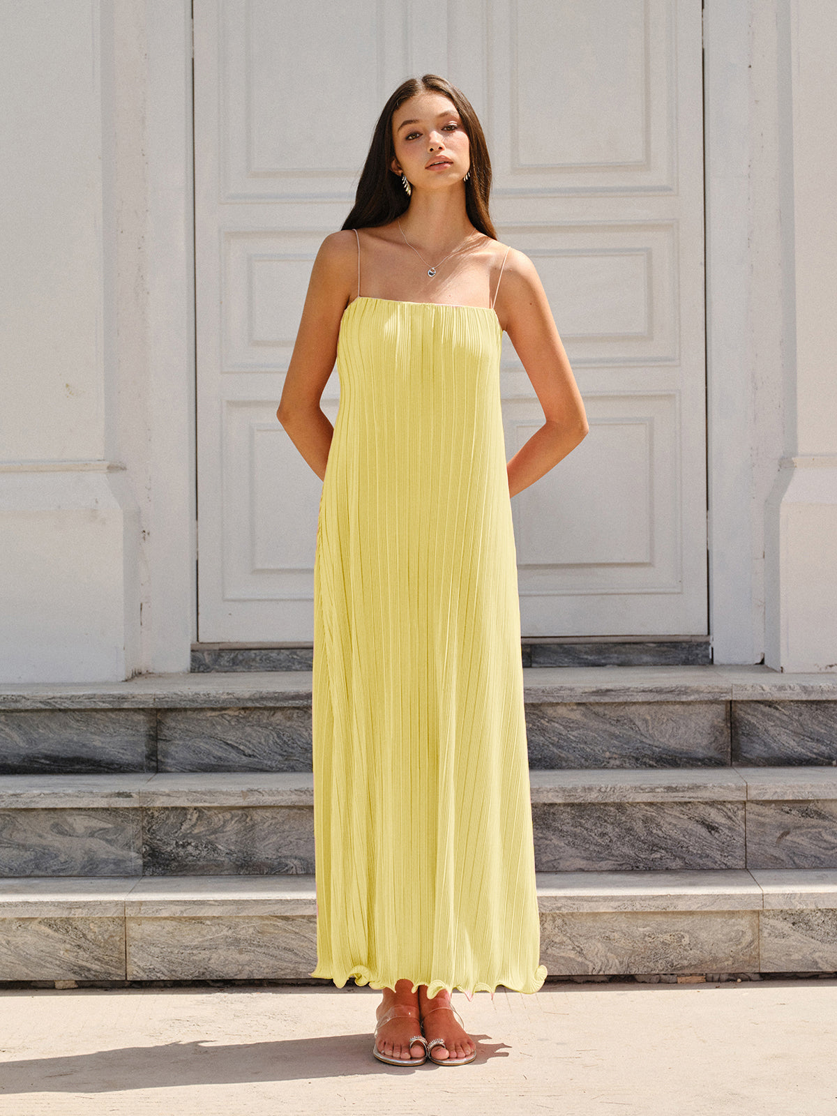 Spaghetti-Strapped Vertical-Pleated Maxi Dress-Massicos