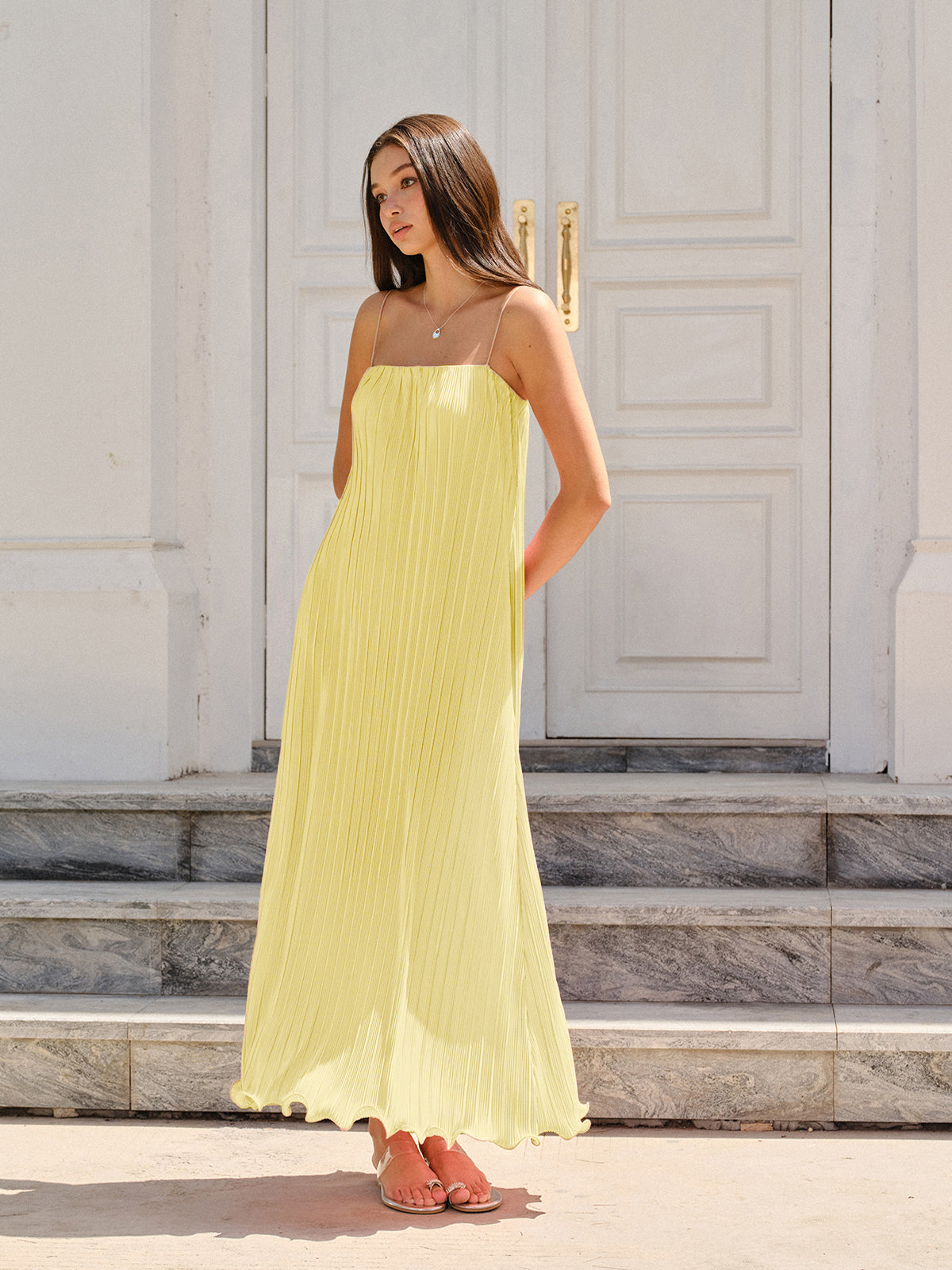 Spaghetti-Strapped Vertical-Pleated Maxi Dress-Massicos