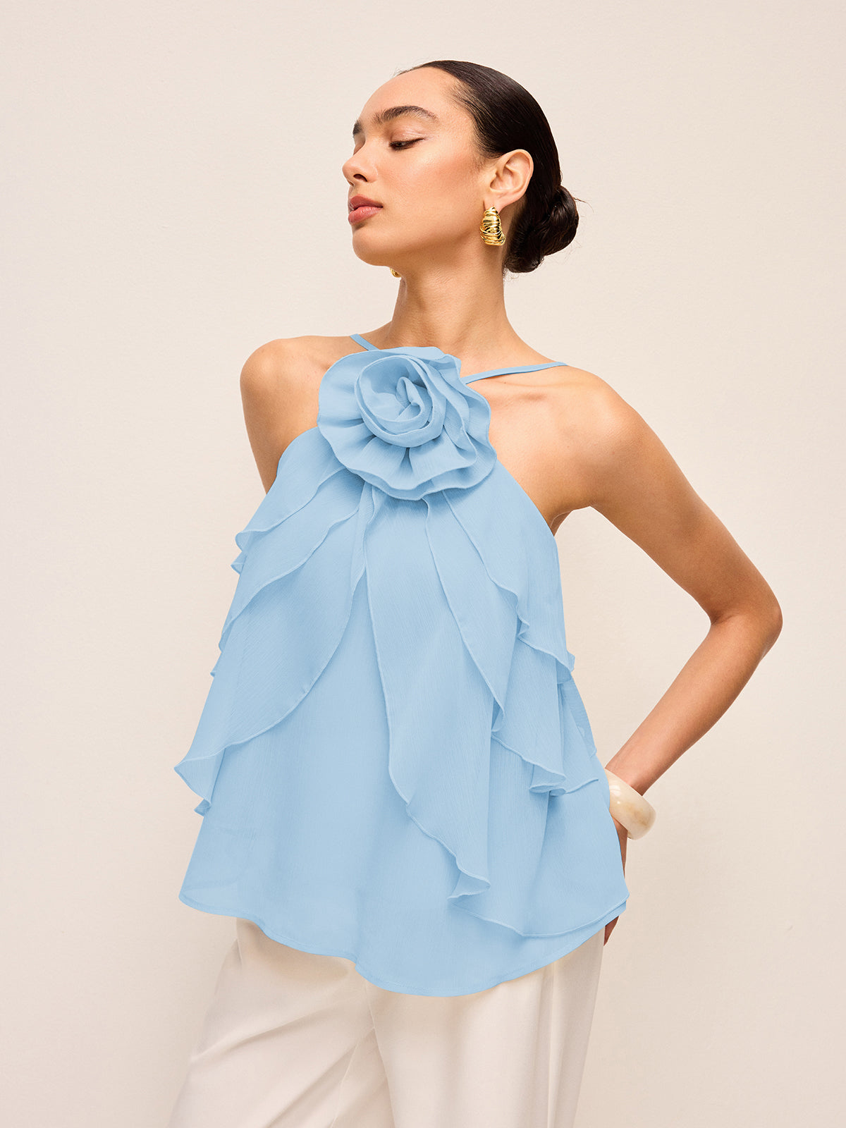 Floral Ruffle Halter Top-Massicos