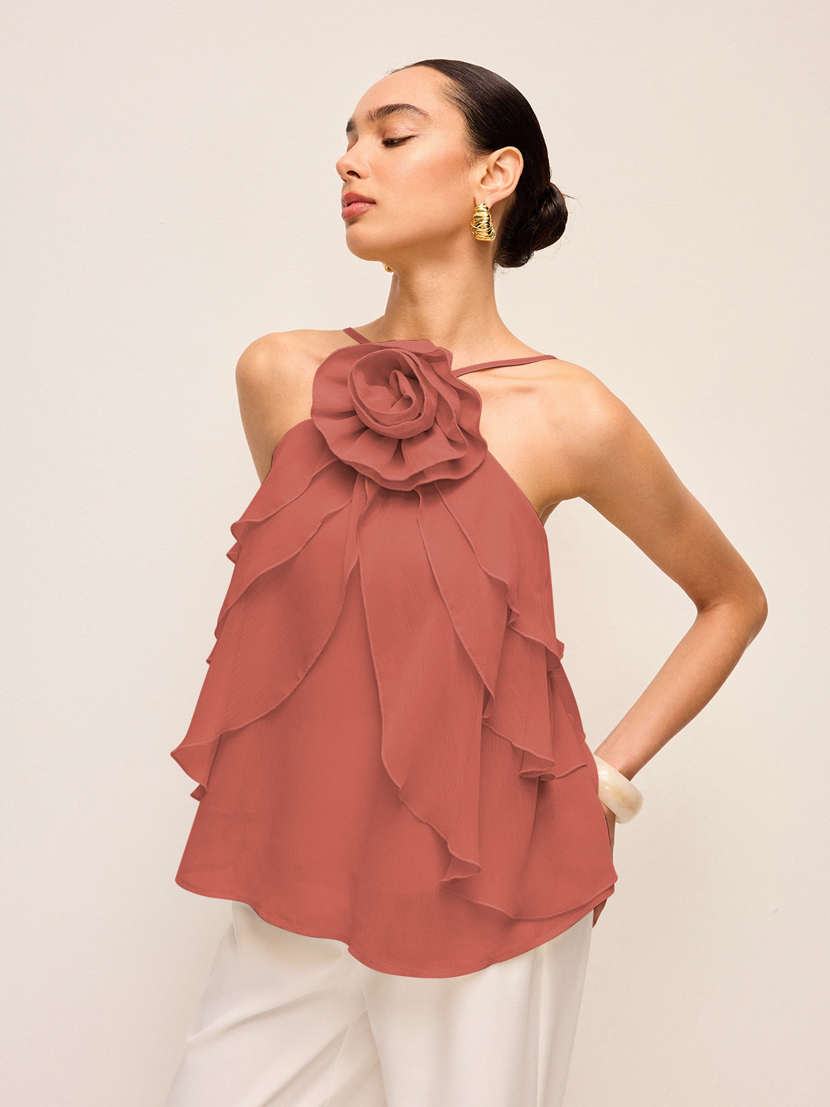 Floral Ruffle Halter Top-Massicos