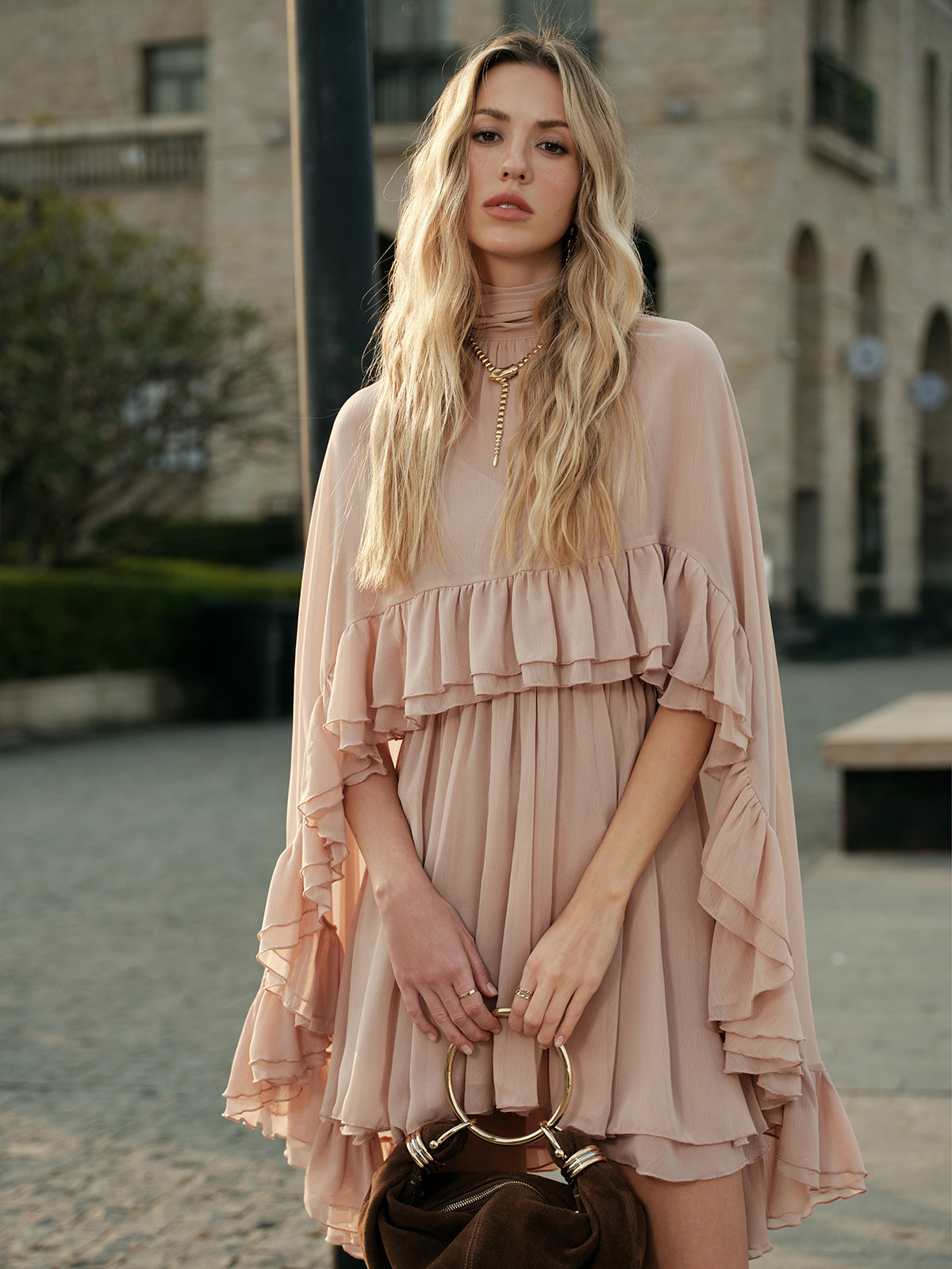 Semi-Sheer Chiffon Ruffle Dress With Outer Cape-Massicos