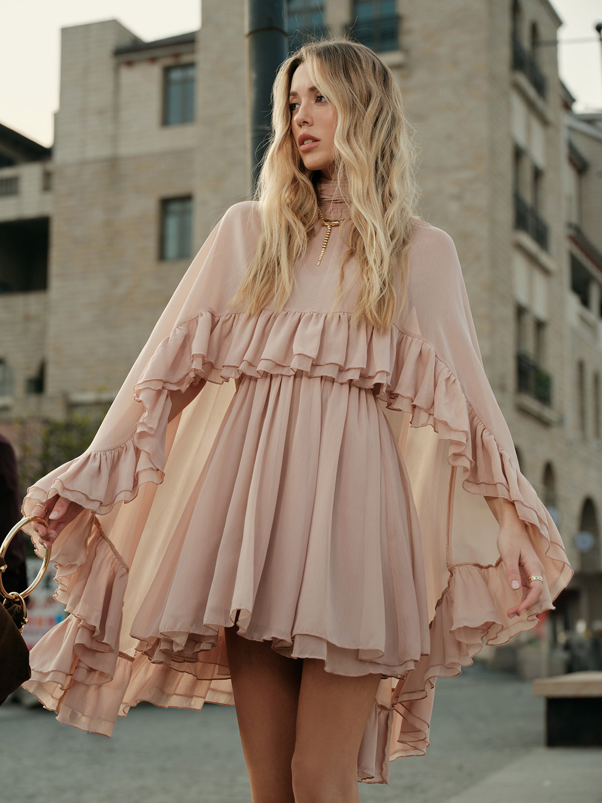 Semi-Sheer Chiffon Ruffle Dress With Outer Cape-Massicos