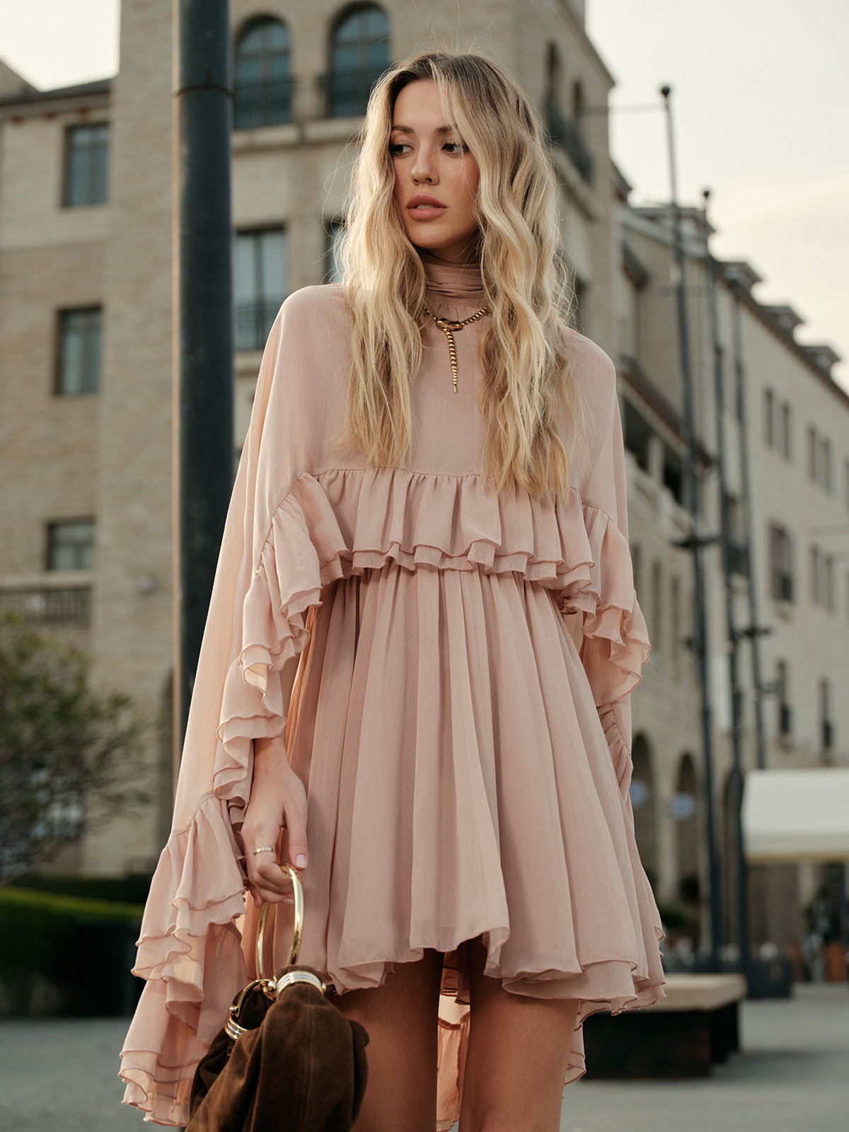 Semi-Sheer Chiffon Ruffle Dress With Outer Cape-Massicos