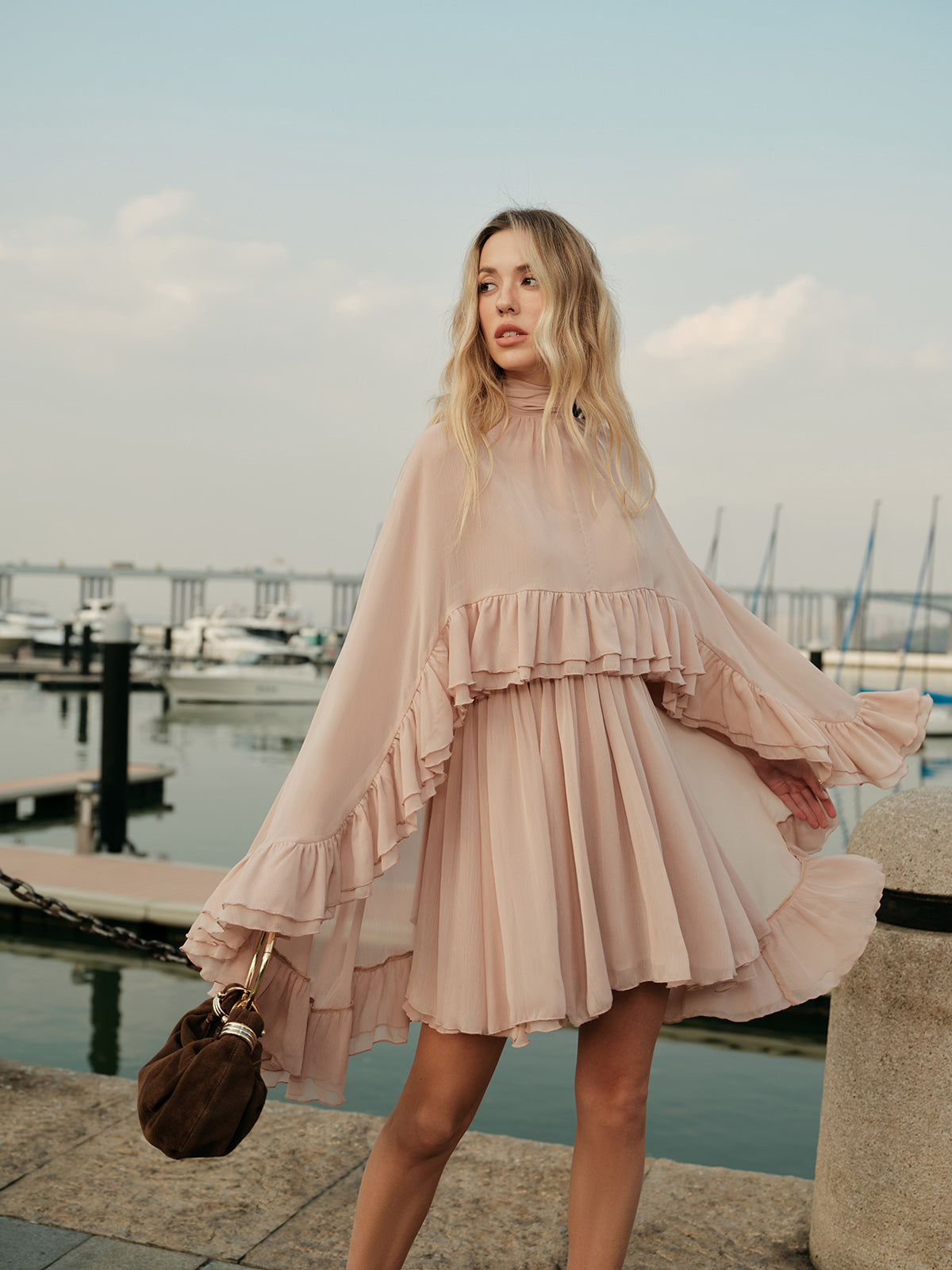 Semi-Sheer Chiffon Ruffle Dress With Outer Cape-Massicos