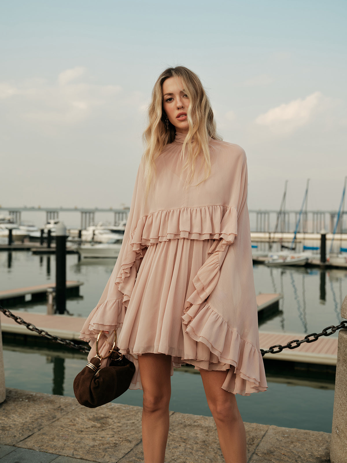 Semi-Sheer Chiffon Ruffle Dress With Outer Cape-Massicos