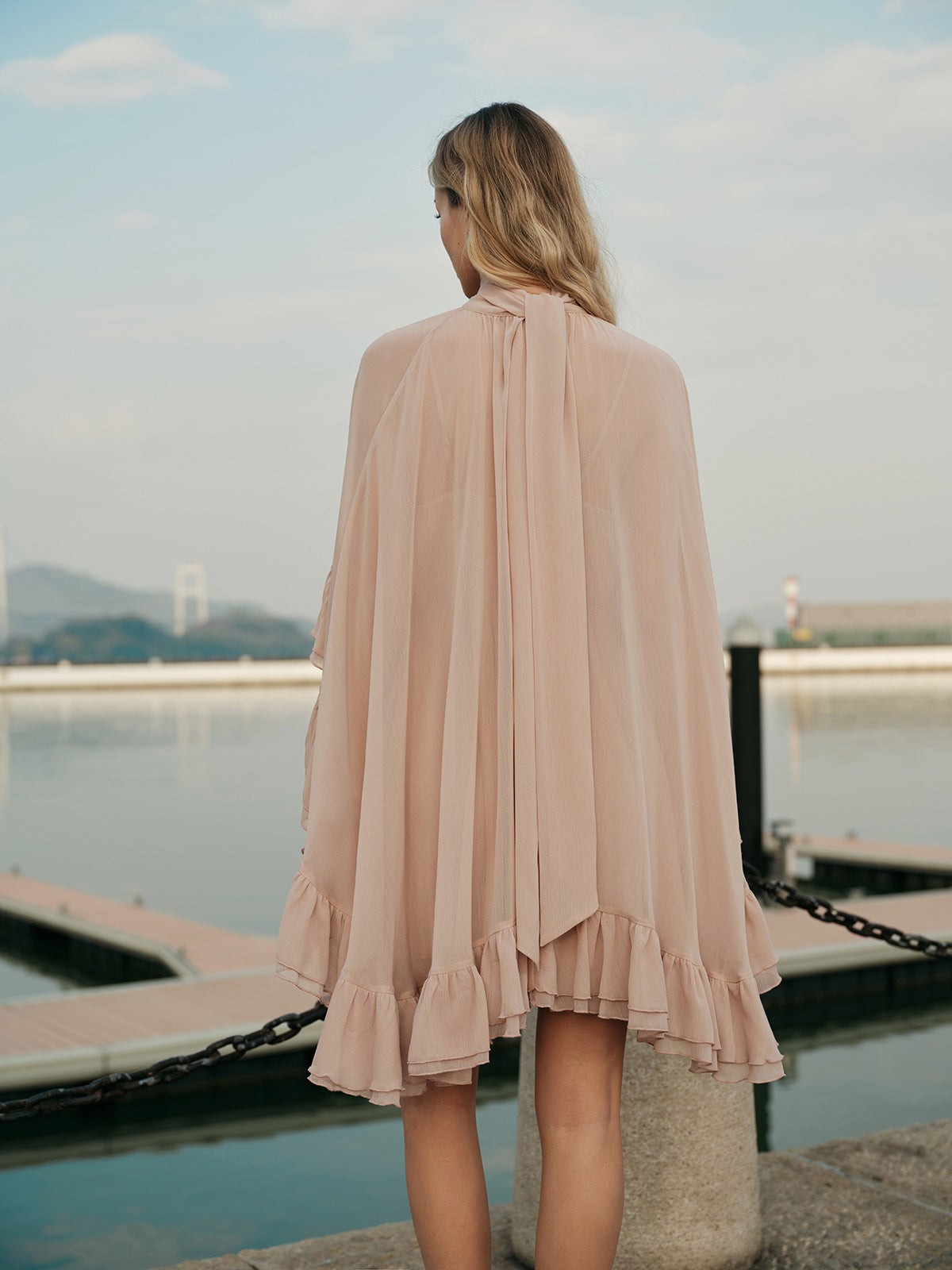 Semi-Sheer Chiffon Ruffle Dress With Outer Cape-Massicos
