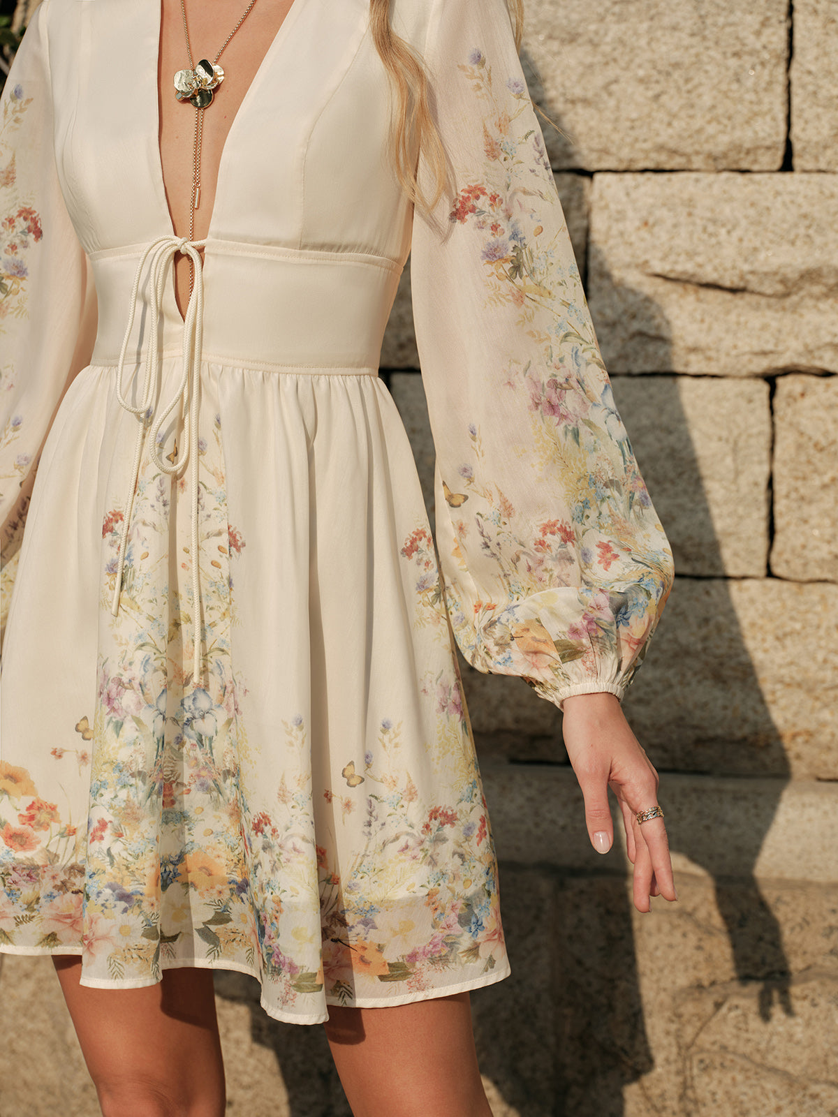 Floral Print Tie-Front Dress-Massicos