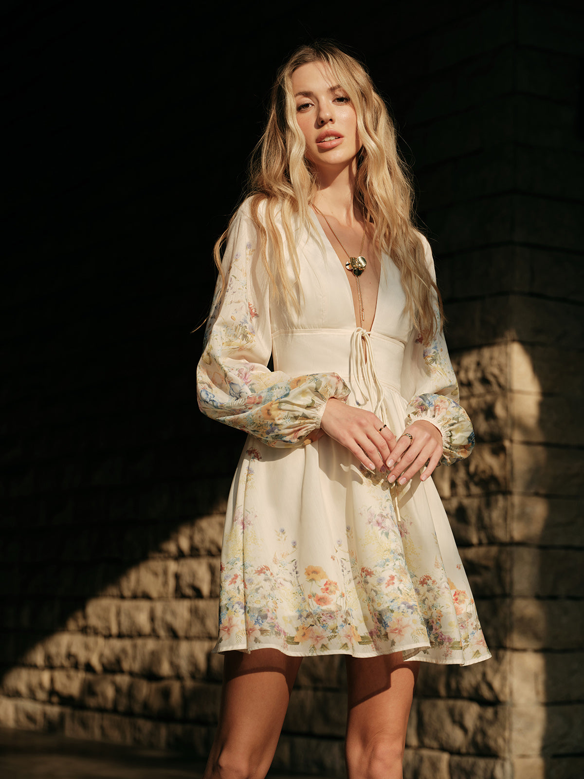 Floral Print Tie-Front Dress-Massicos
