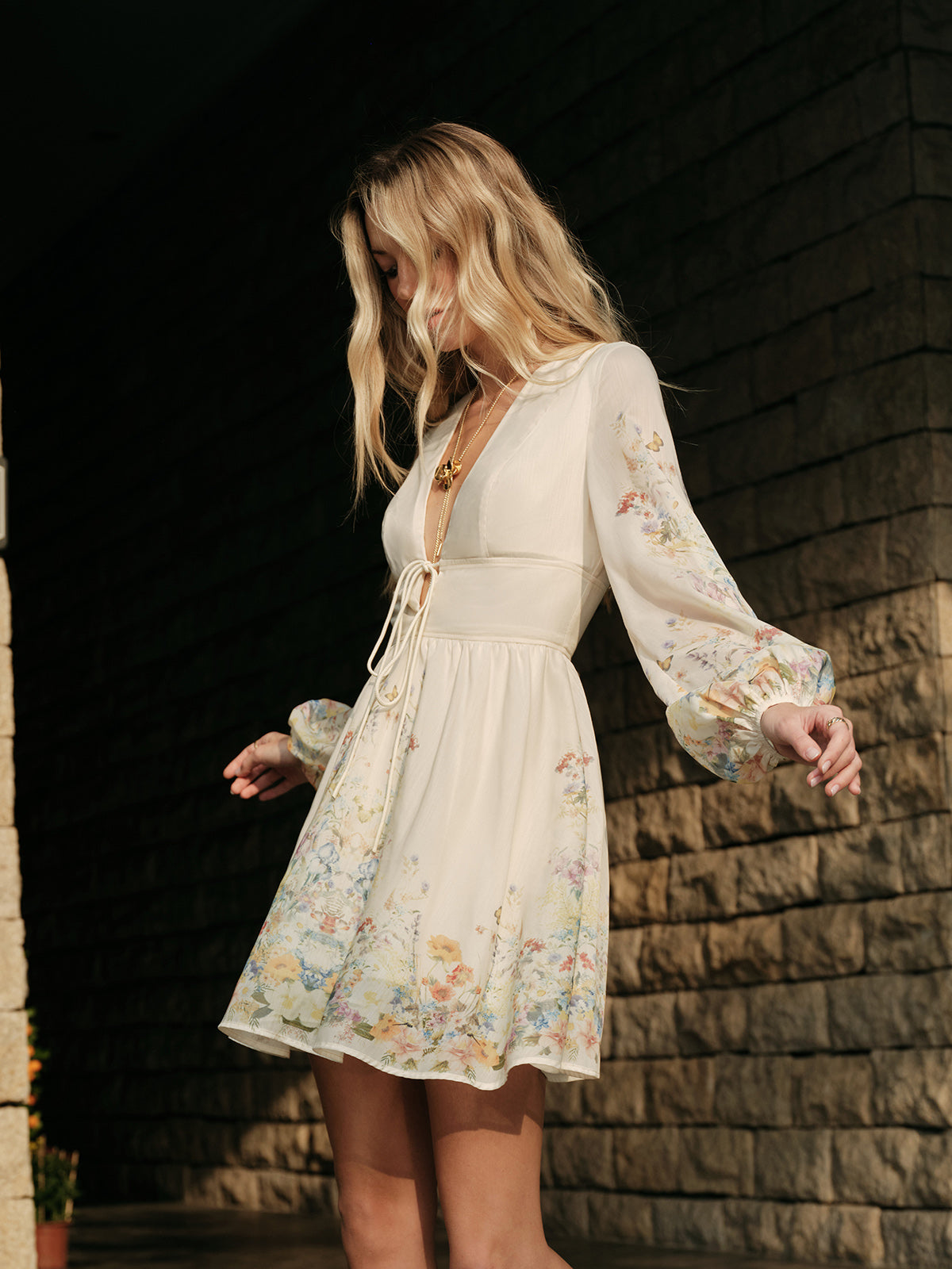 Floral Print Tie-Front Dress-Massicos