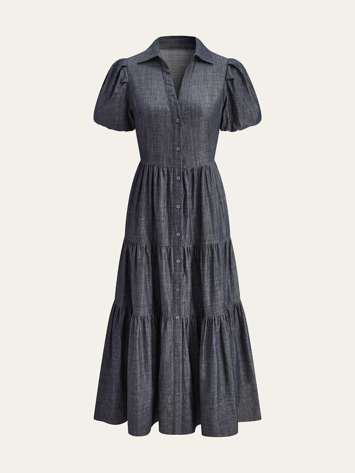 Puff Sleeve Tiered Button-Front maxi Dress-Massicos