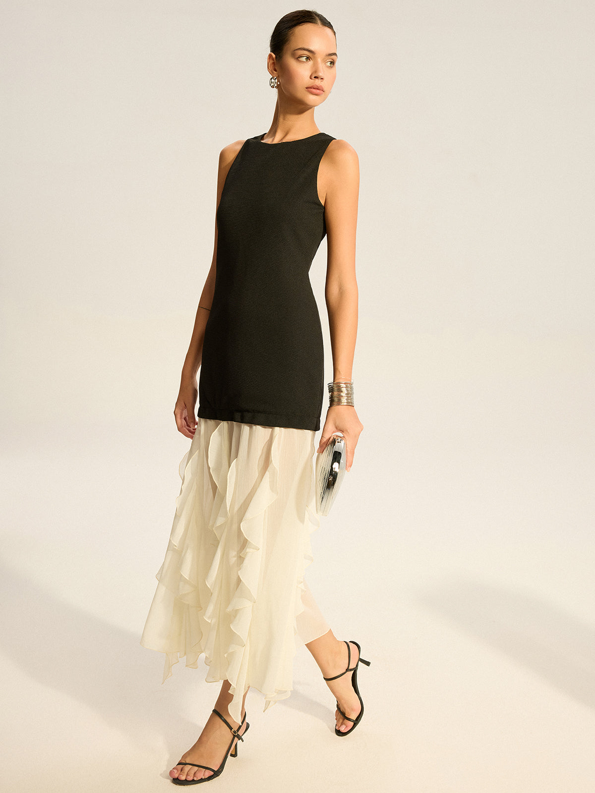 2 in 1 Semi-Sheer Ruffled Hem Maxi Dress-Massicos