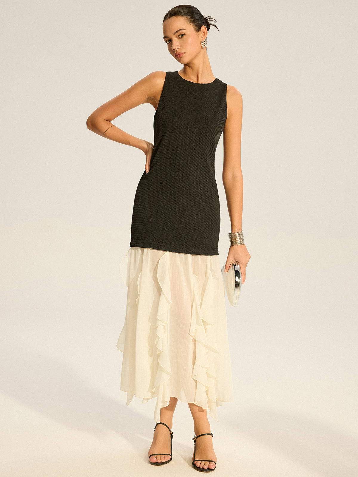 2 in 1 Semi-Sheer Ruffled Hem Maxi Dress-Massicos