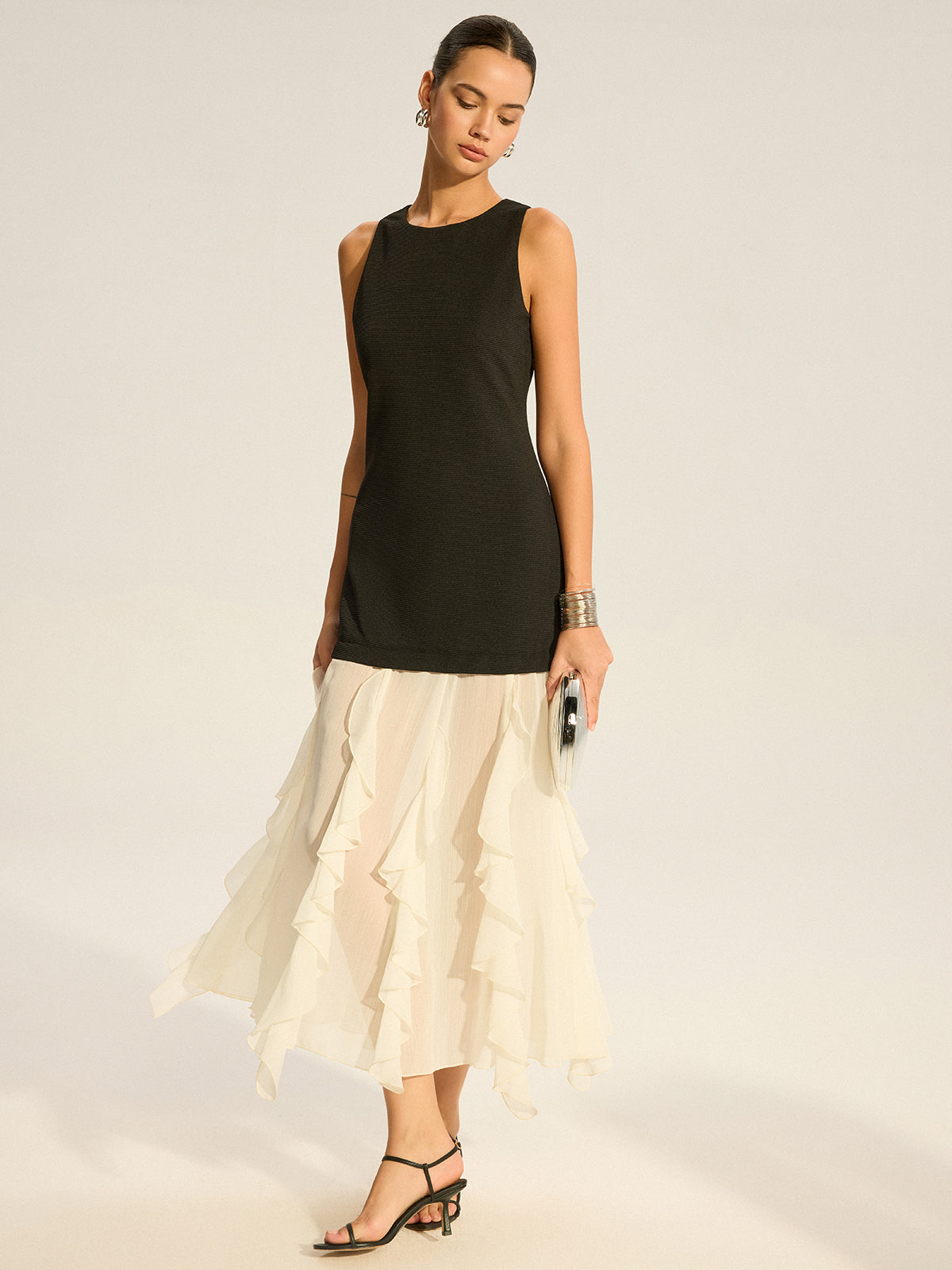 2 in 1 Semi-Sheer Ruffled Hem Maxi Dress-Massicos