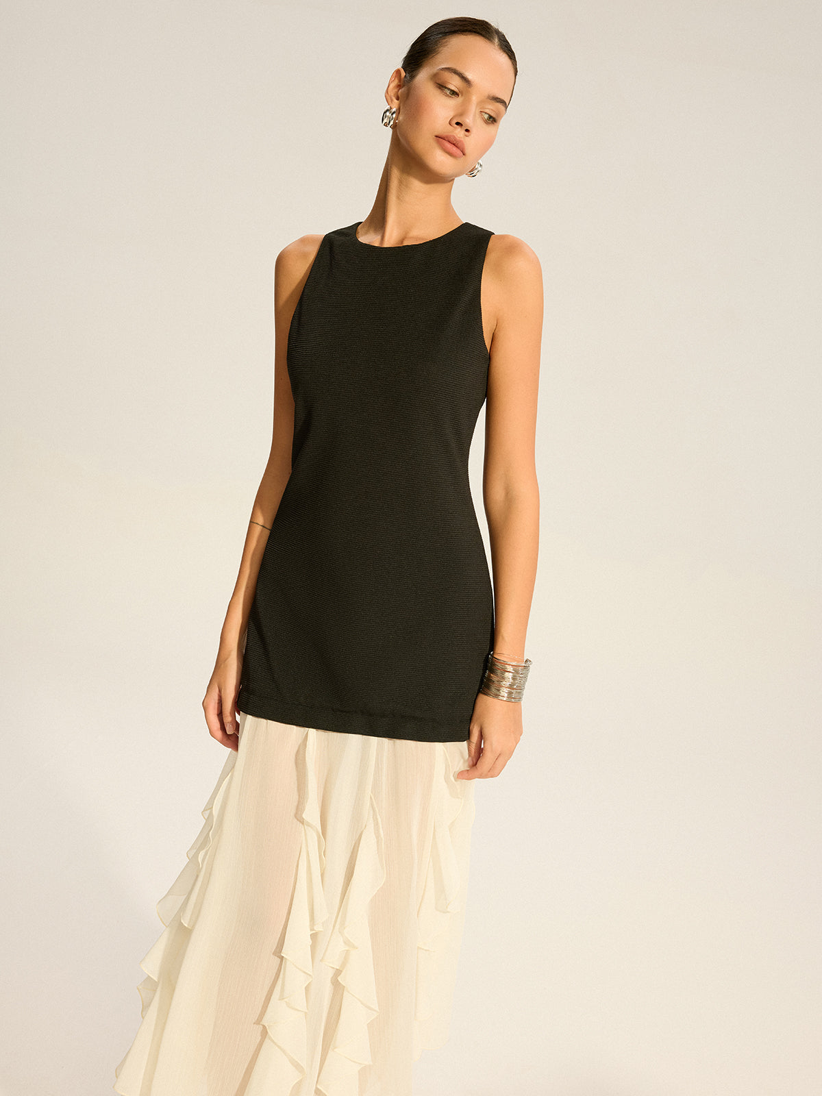 2 in 1 Semi-Sheer Ruffled Hem Maxi Dress-Massicos