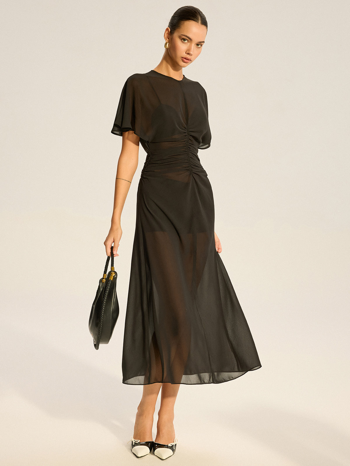 Sheer Chiffon Midi Dress with Lining Slip Two-Piece Set-Massicos