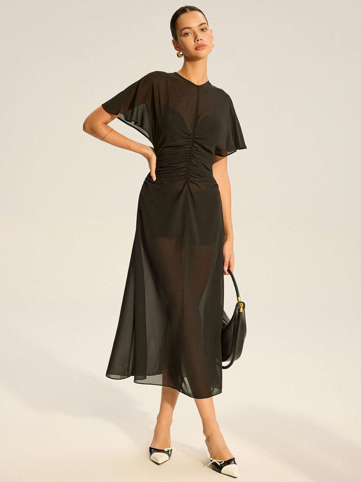 Sheer Chiffon Midi Dress with Lining Slip Two-Piece Set-Massicos