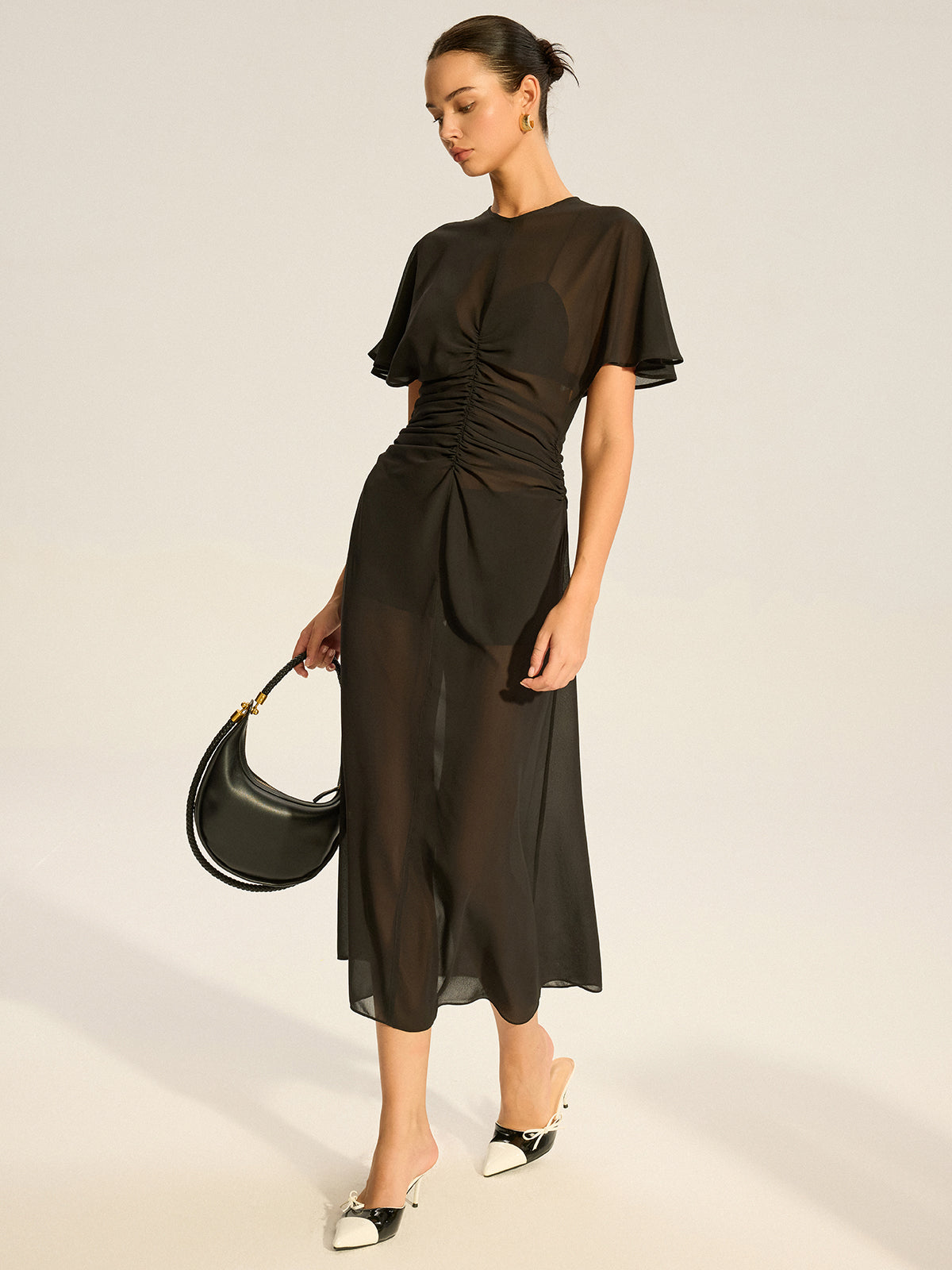Sheer Chiffon Midi Dress with Lining Slip Two-Piece Set-Massicos