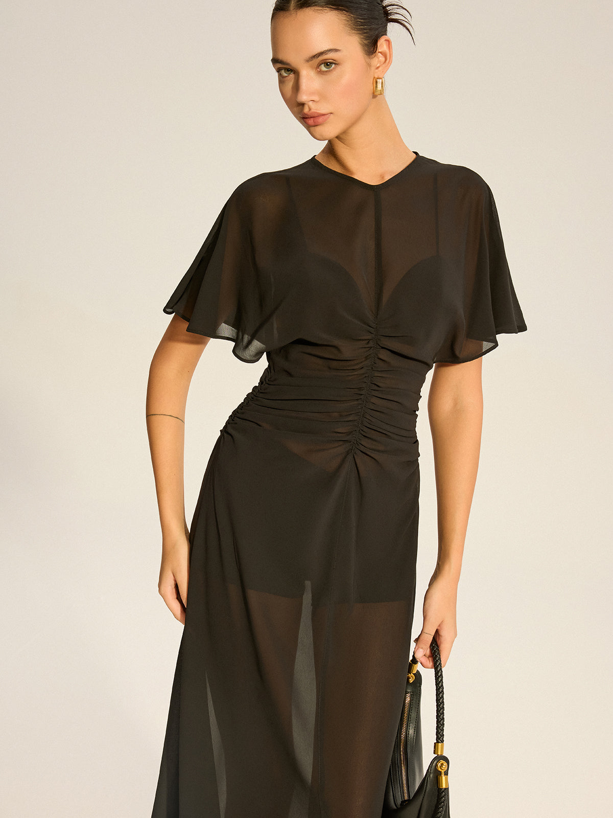 Sheer Chiffon Midi Dress with Lining Slip Two-Piece Set-Massicos