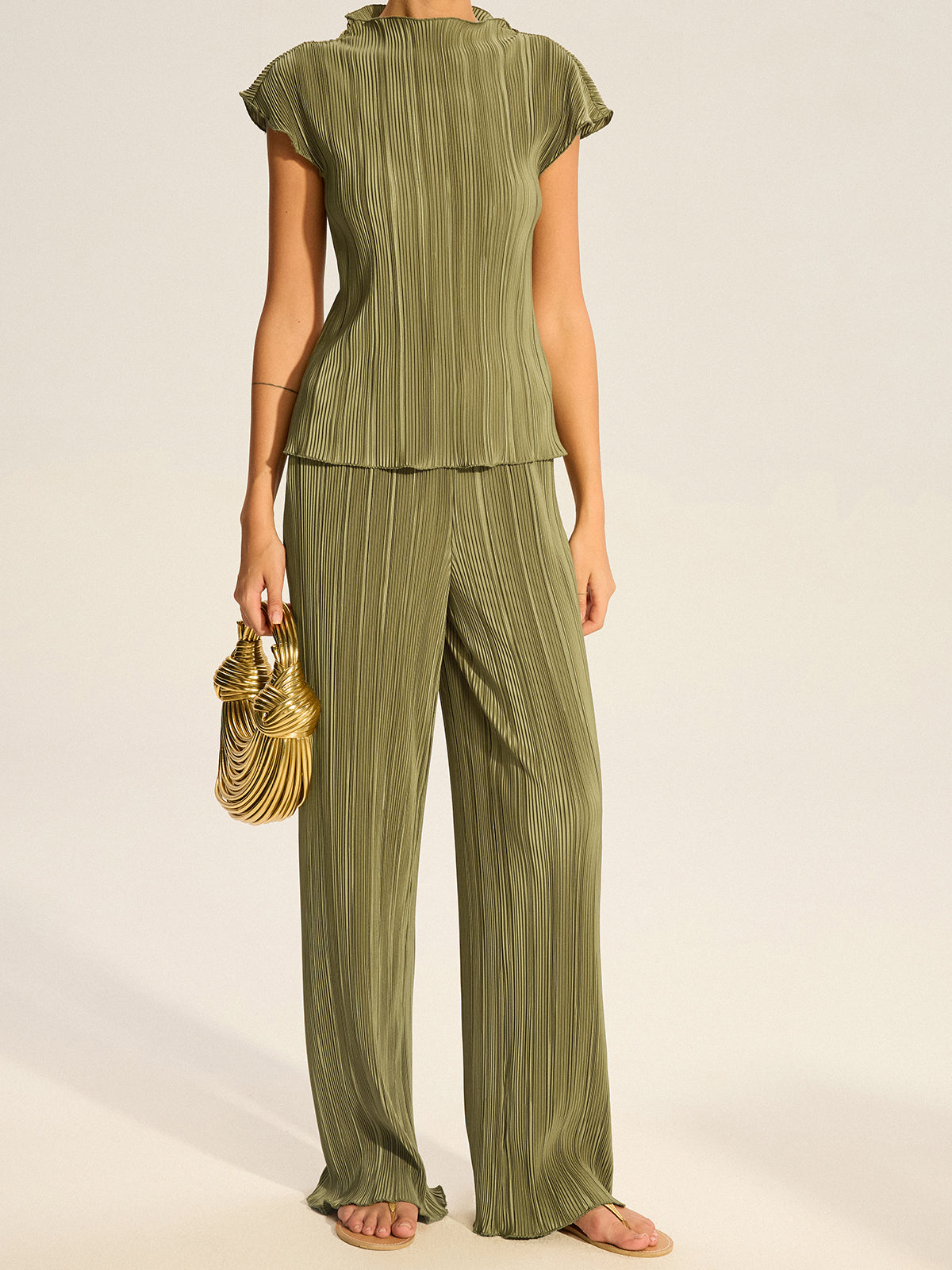 Pleated Top and Wide-Leg Pants Set-Massicos