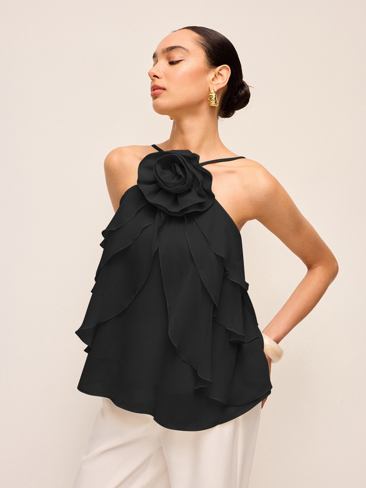 Floral Ruffle Halter Top-Massicos