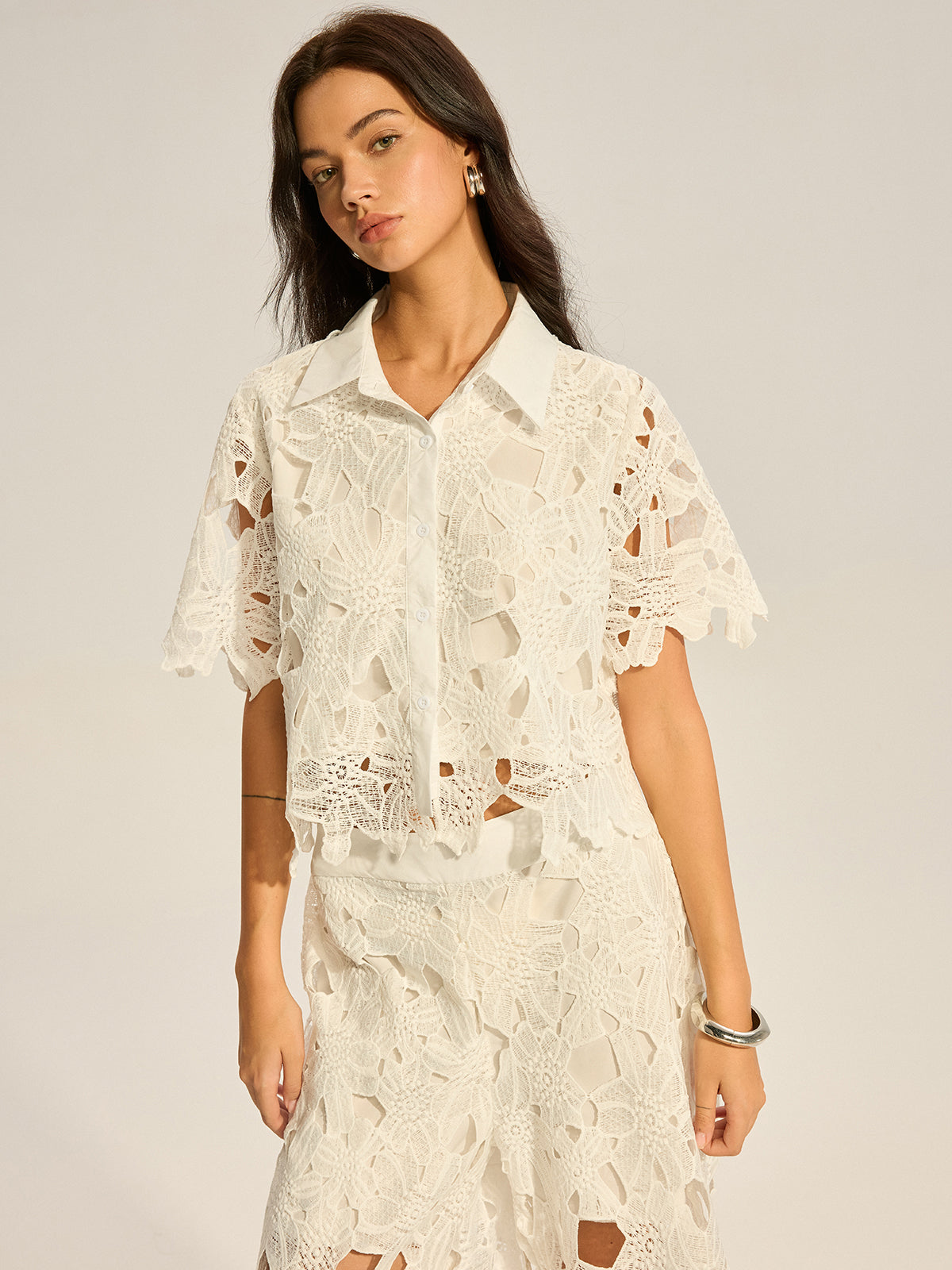 Lace Crochet Cut-Out Top and Wide-Leg Pants Set-Massicos