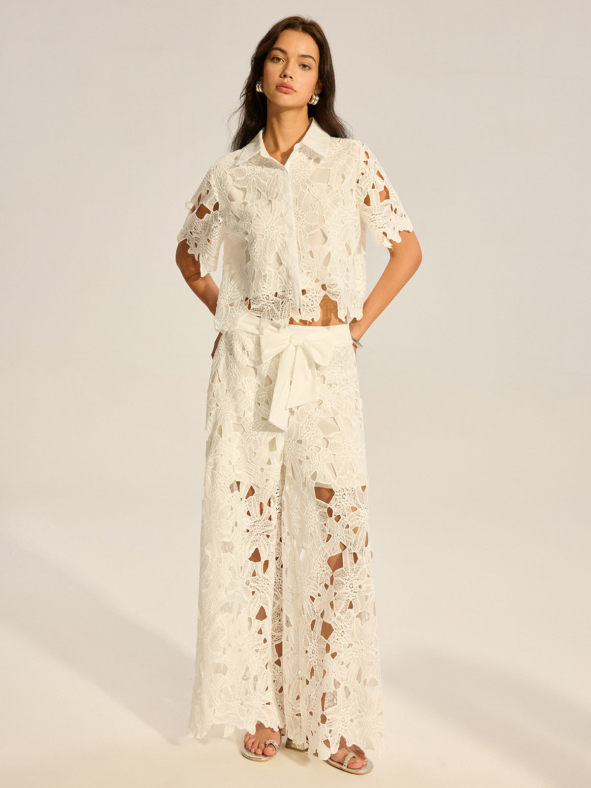 Lace Crochet Cut-Out Top and Wide-Leg Pants Set-Massicos