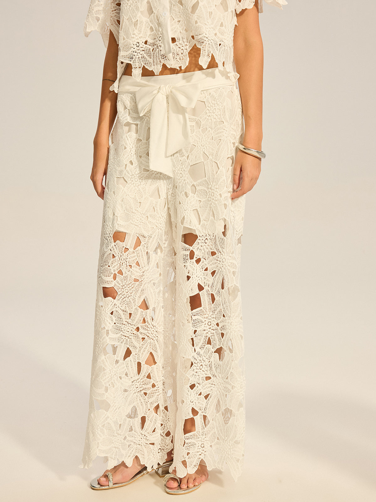 Lace Crochet Cut-Out Top and Wide-Leg Pants Set-Massicos