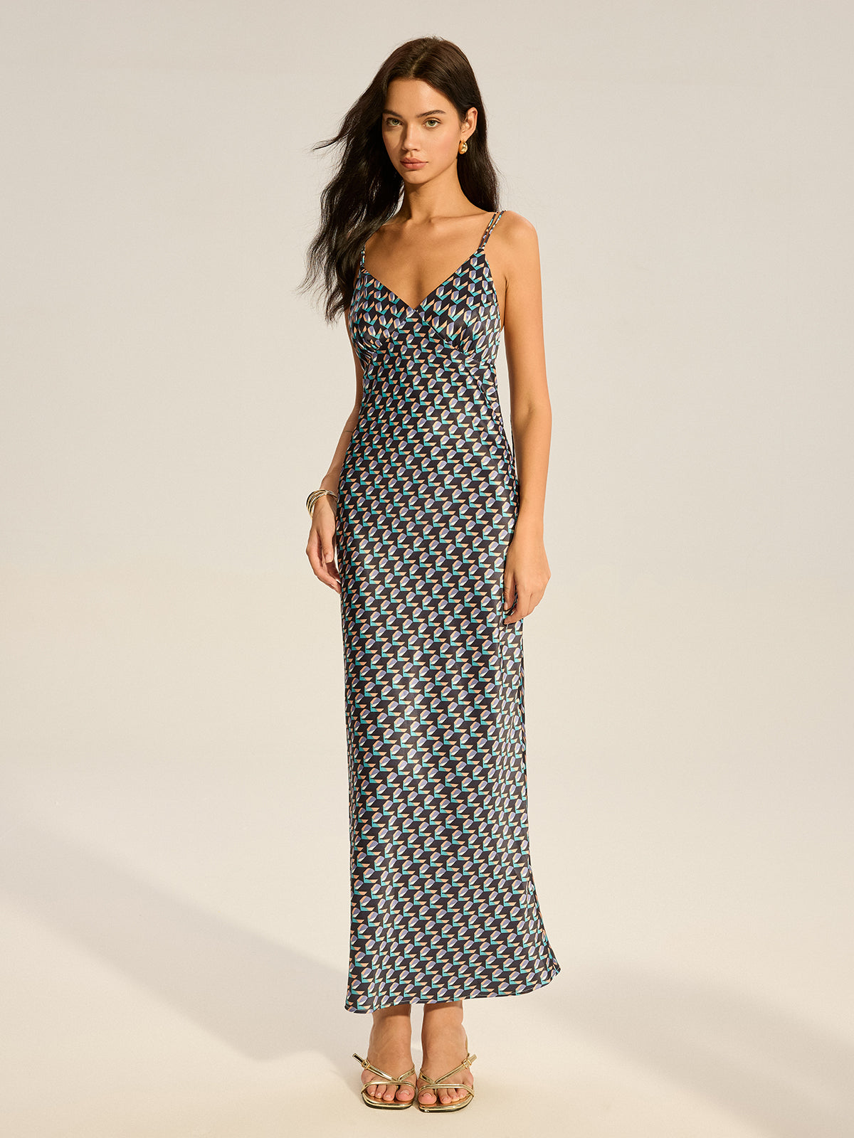 Vintage Print Spaghetti Strap Maxi Dress-Massicos