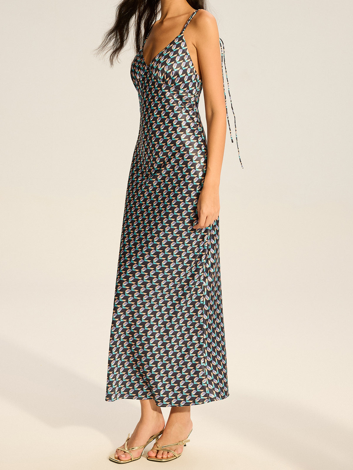Vintage Print Spaghetti Strap Maxi Dress-Massicos