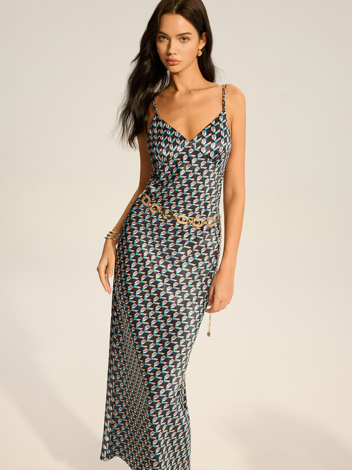 Vintage Print Spaghetti Strap Maxi Dress-Massicos