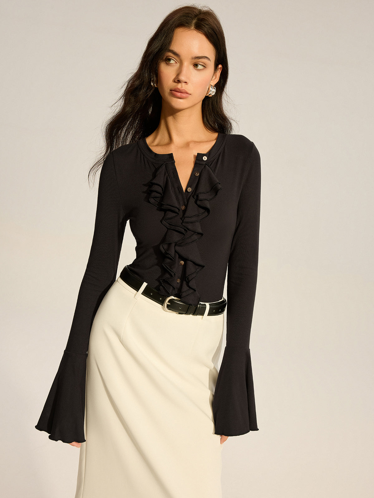 Flared Sleeve Ruffled Button T-Shirt-Massicos