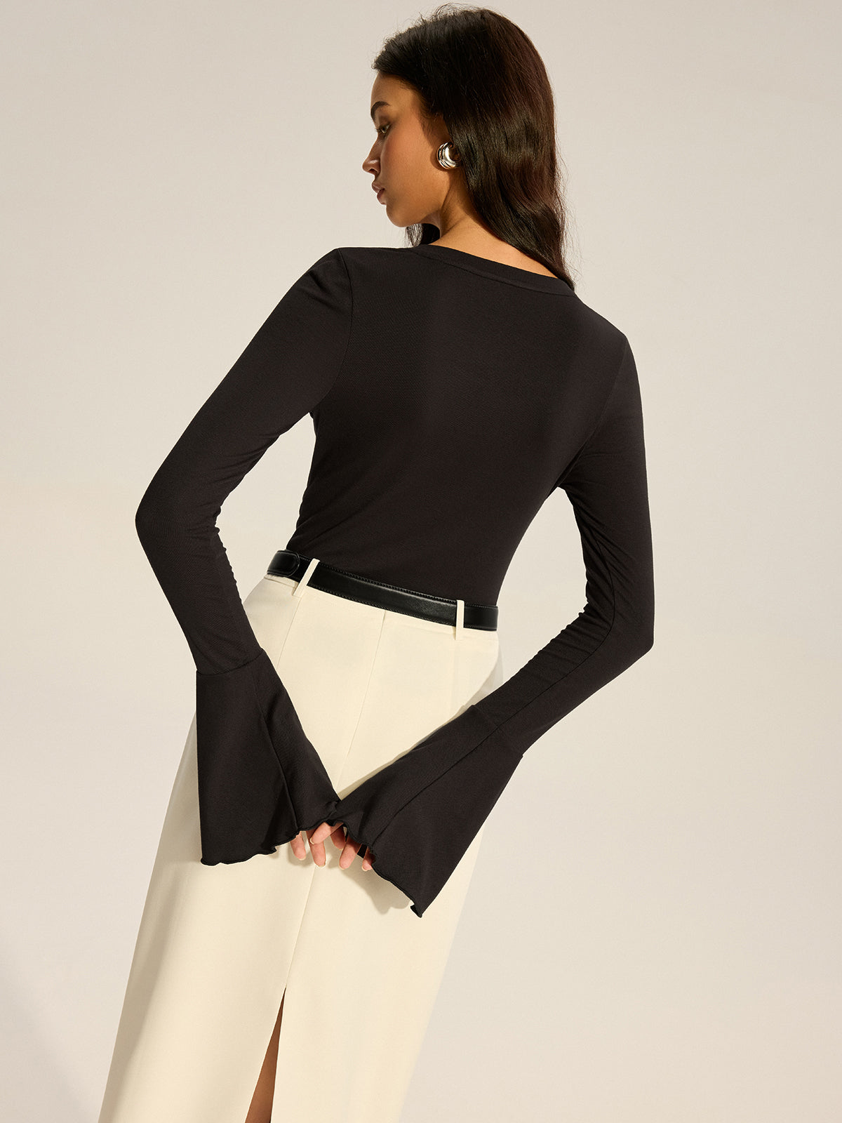 Flared Sleeve Ruffled Button T-Shirt-Massicos