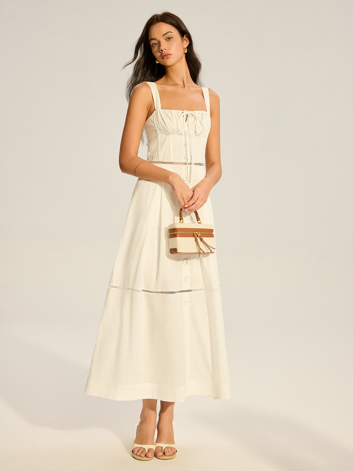 Lace Paneled Back-Tie Cotton Maxi Dress-Massicos