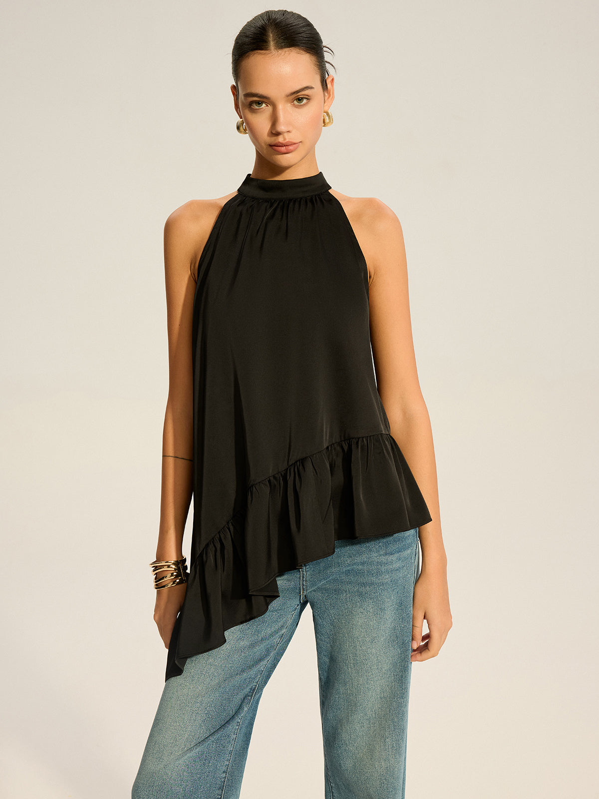 Asymmetric Ruffle Hem Halter Top-Massicos
