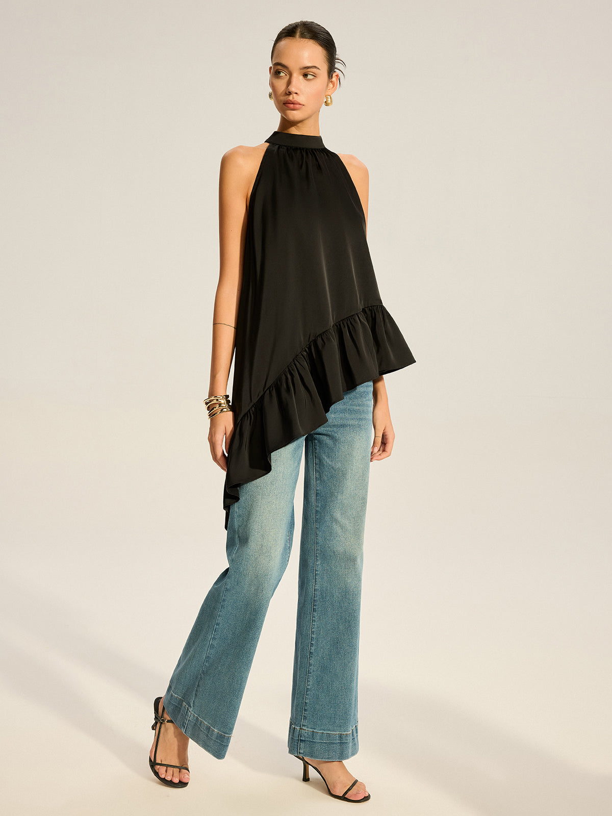 Asymmetric Ruffle Hem Halter Top-Massicos