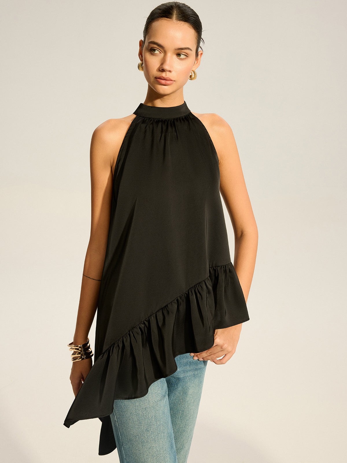 Asymmetric Ruffle Hem Halter Top-Massicos