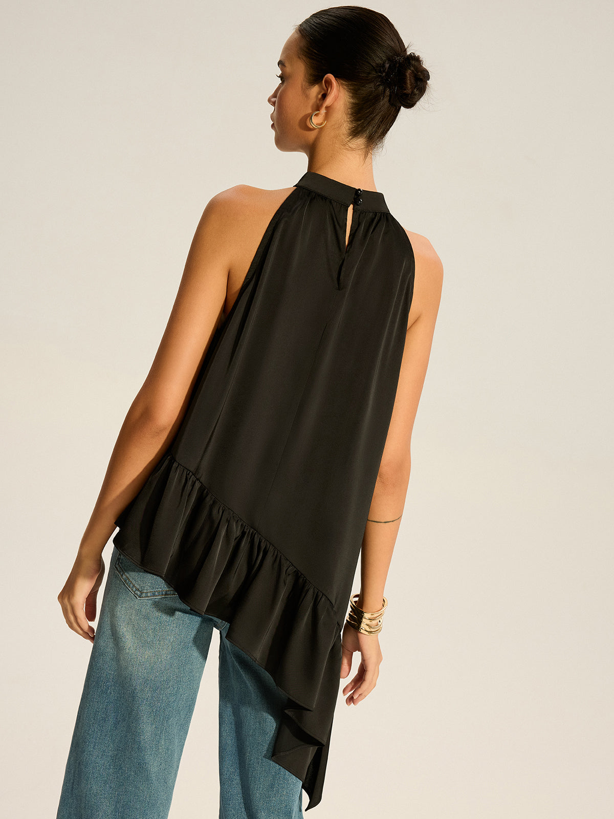 Asymmetric Ruffle Hem Halter Top-Massicos
