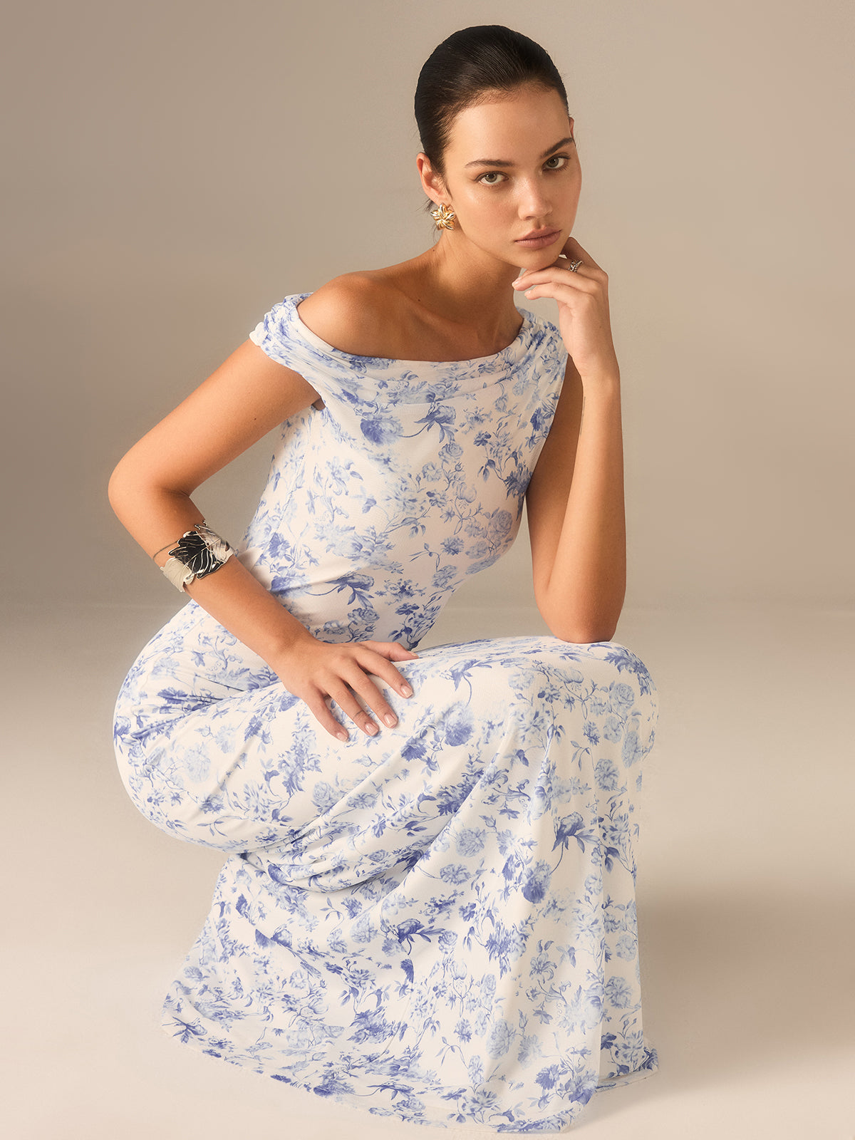 Floral Asymmetrical Drop Shoulder Maxi Dress-Massicos