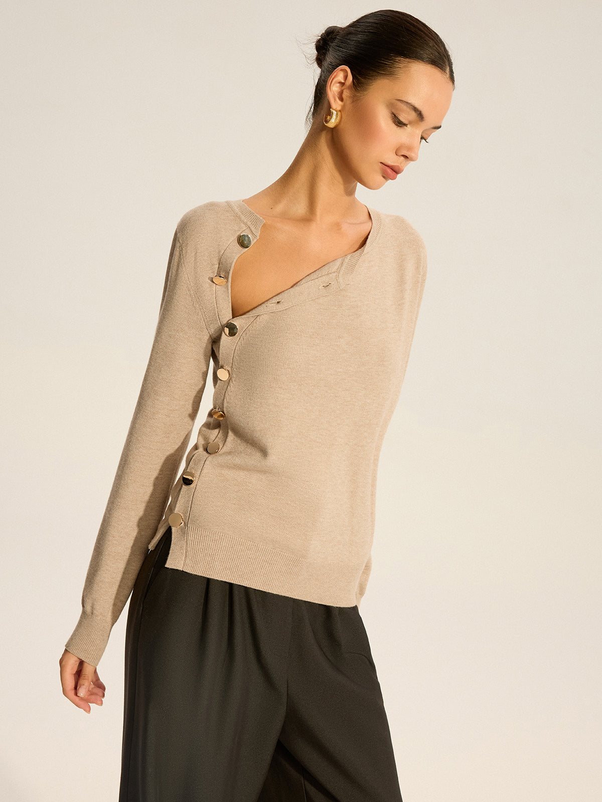 Asymmetric Button Knit Top-Massicos