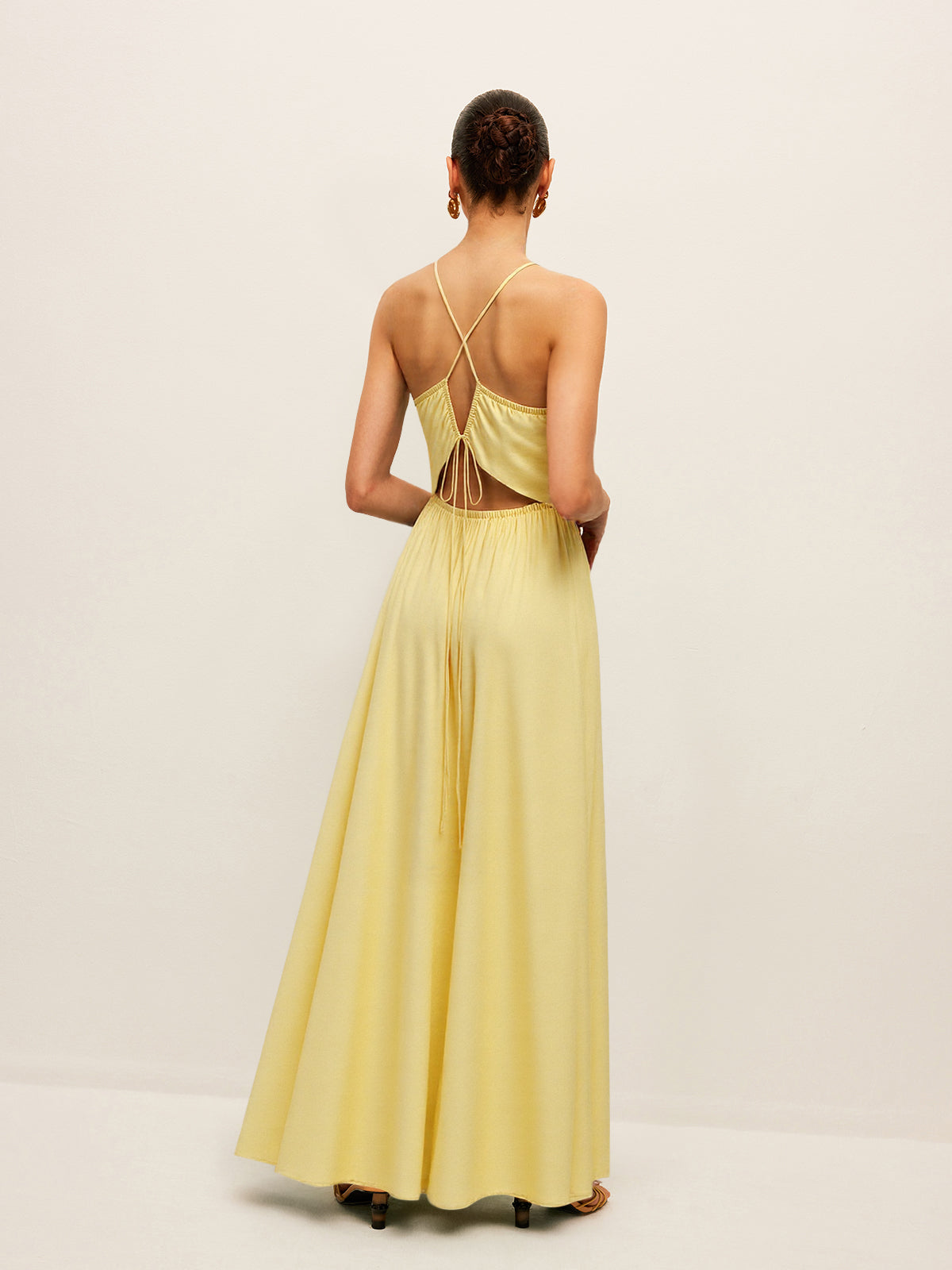 Spaghetti Strap Maxi Dress with Ruched Waist and Crisscross Back-Massicos