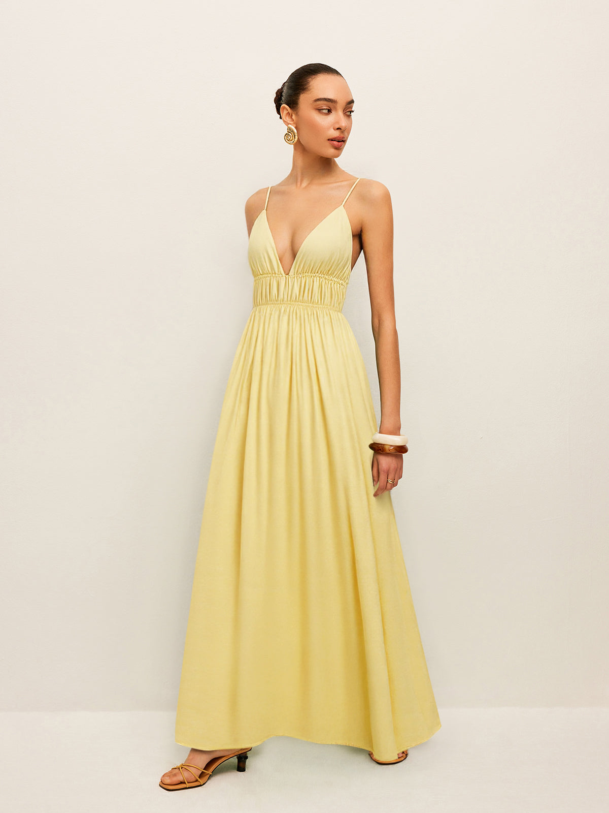 Spaghetti Strap Maxi Dress with Ruched Waist and Crisscross Back-Massicos
